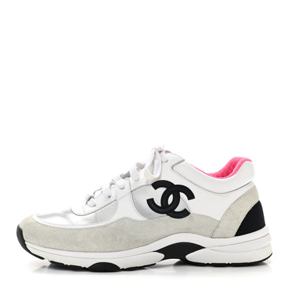 Chanel Calfskin Fabric Sneakers 40 White Silver Fluo Pink 1 of 14