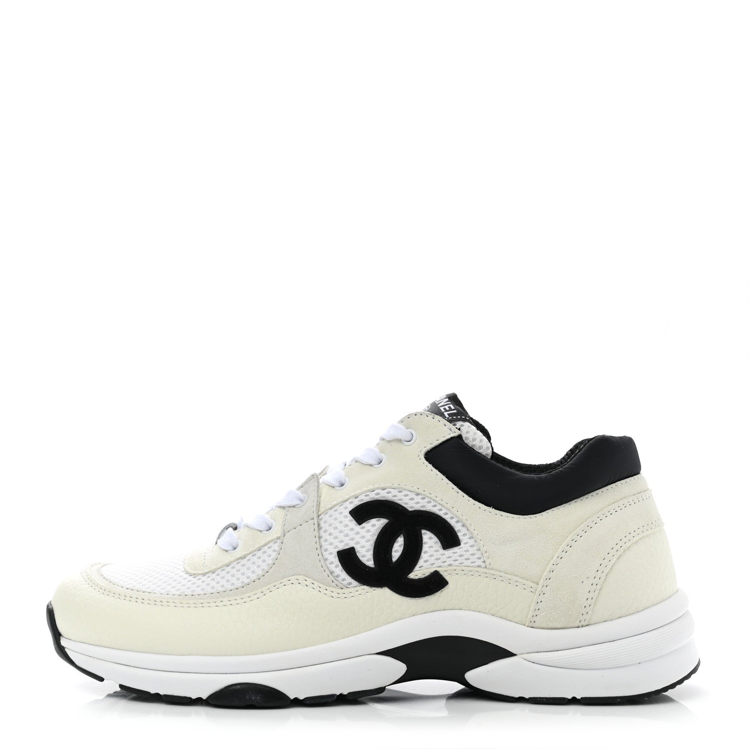 Chanel Mesh Suede Calfskin Grained Calfskin Womens CC Sneakers 40.5 White Black 1 of 8