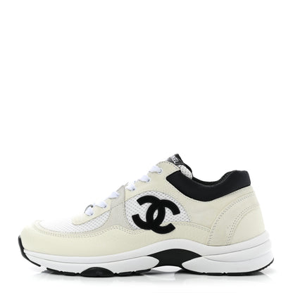 Chanel Mesh Suede Calfskin Grained Calfskin Womens CC Sneakers 40.5 White Black 1 of 8