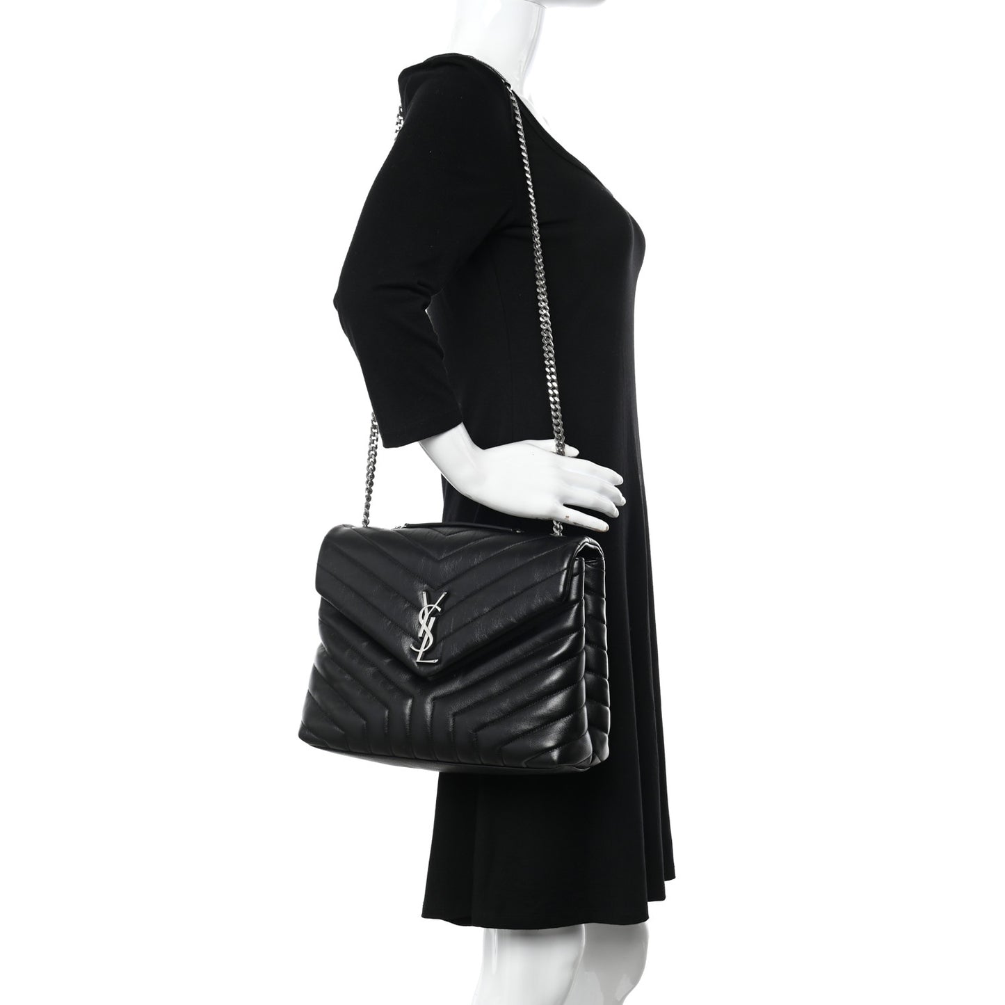 Calfskin Y Quilted Monogram Medium Loulou Chain Satchel Black