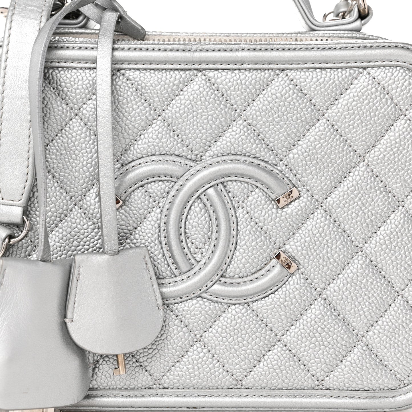 Metallic Caviar Quilted Medium CC Filigree Vanity Case Silver