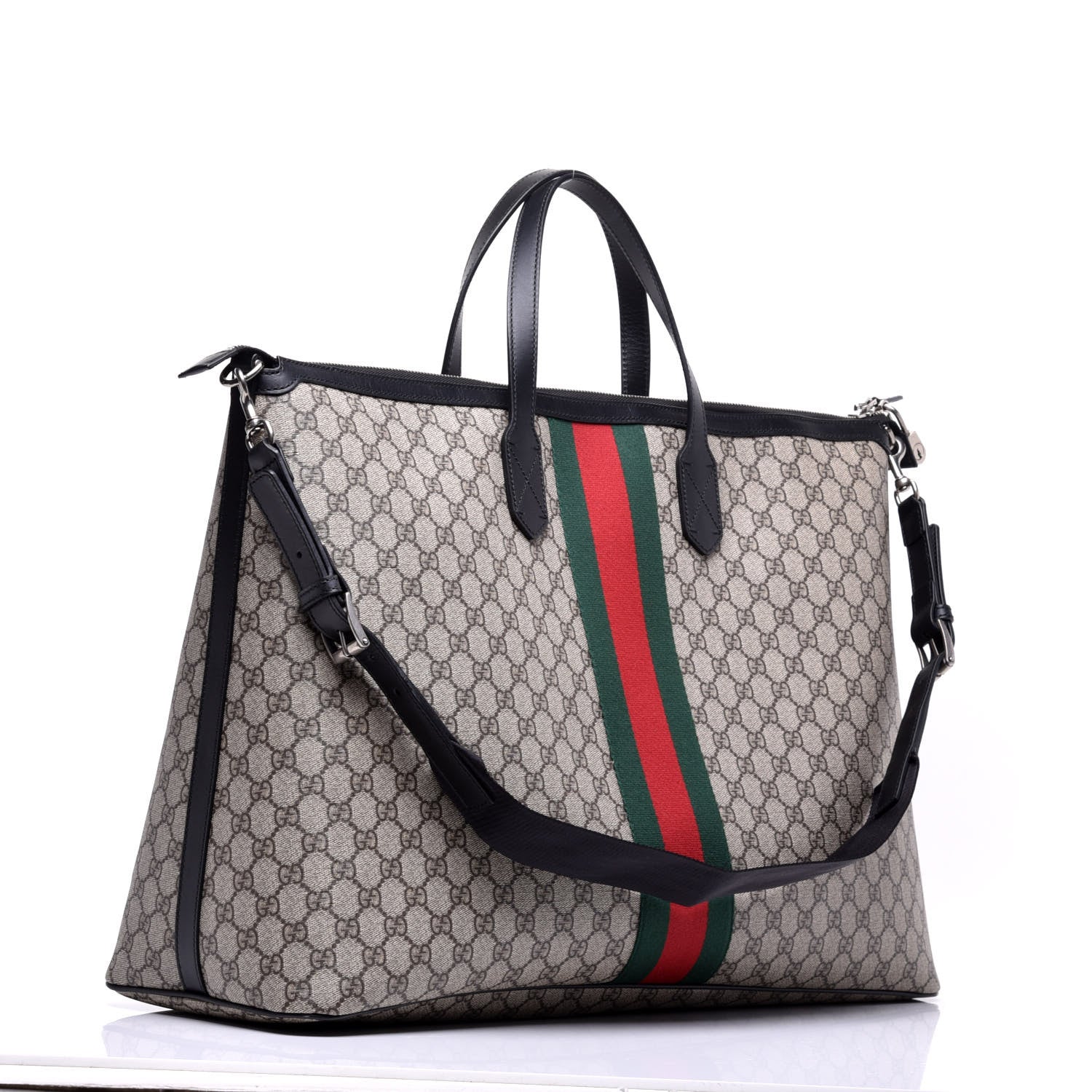 Gucci GG Supreme Monogram Web Large Zippered Tote Beige Black 5 of 20