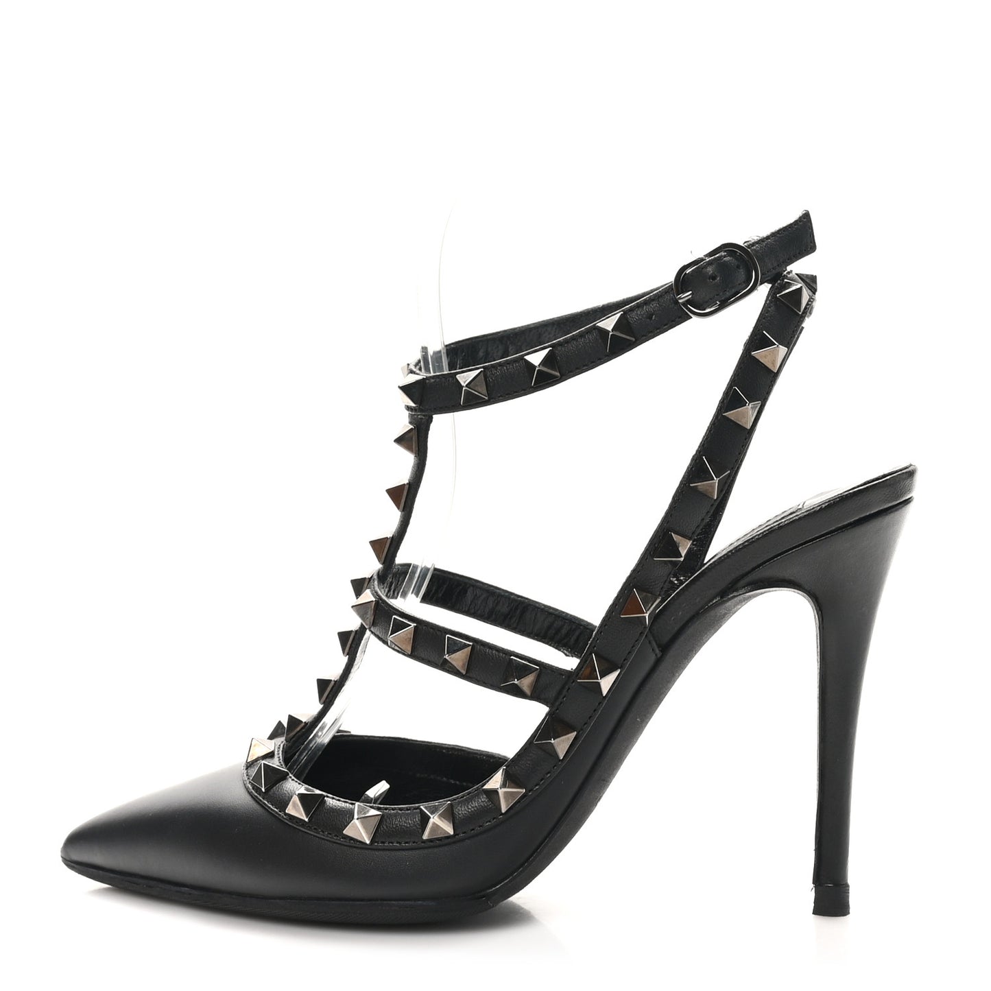 Calfskin Nappa Rockstud Ankle Strap 100mm Pumps 37 Black