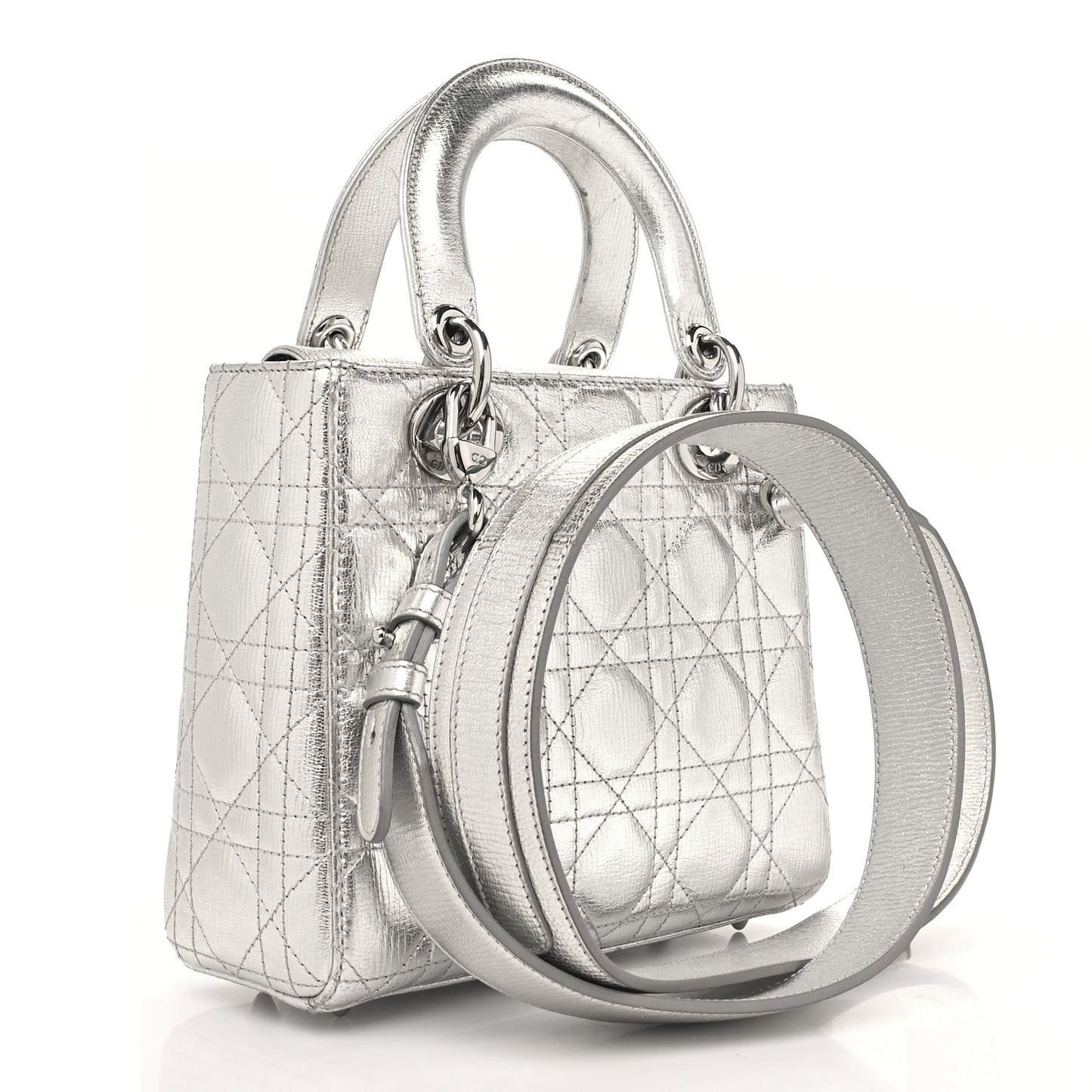Metallic Grained Calfskin Cannage Small Lucky Badges My Lady Dior Silver