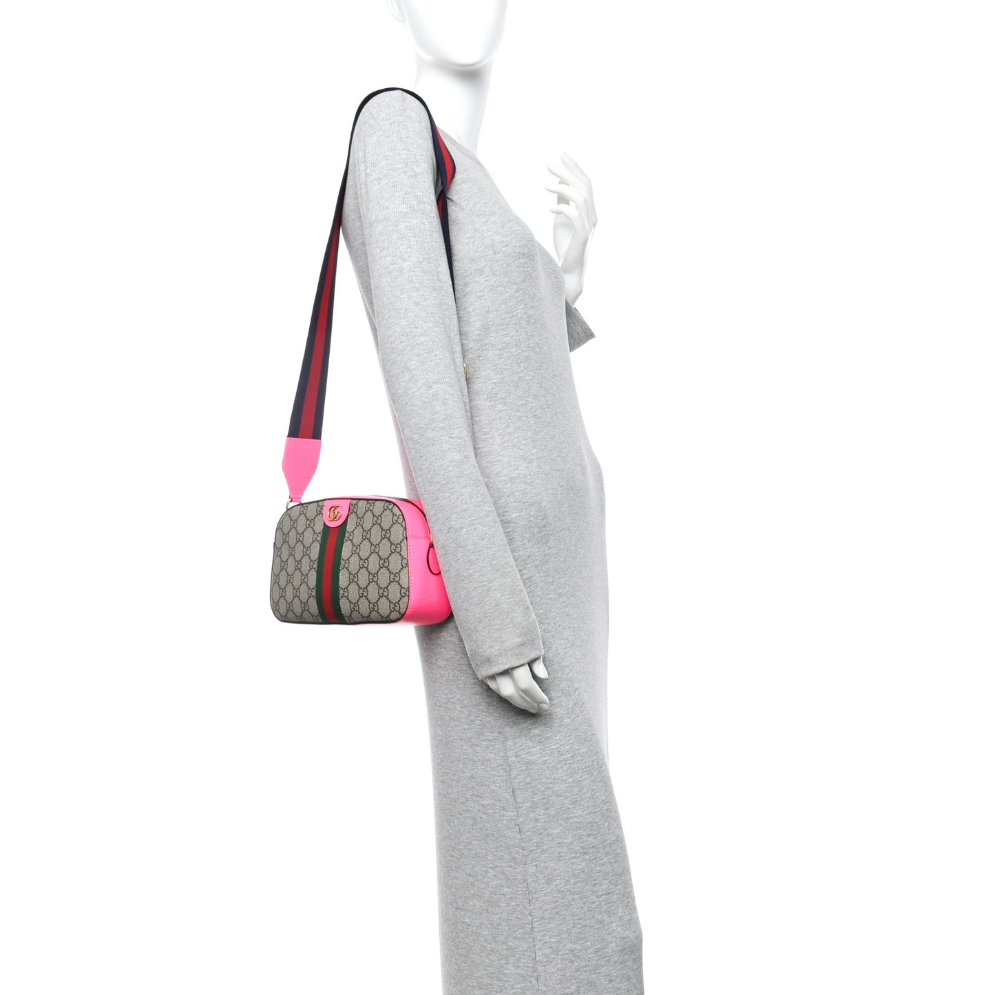 GG Supreme Monogram Textured Dollar Calfskin Web Ophidia Small Crossbody Bag Beige Ebony Fuchsia