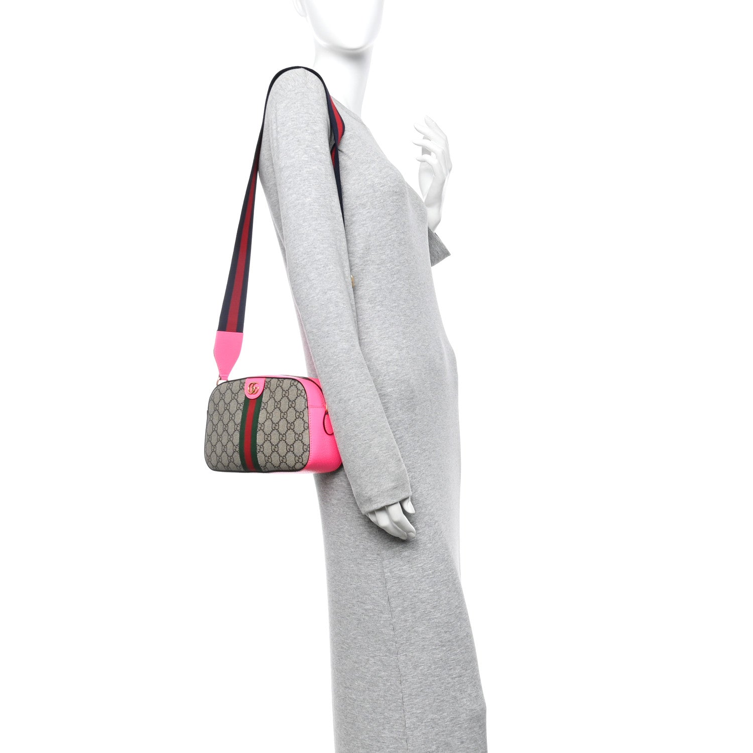 Gucci GG Supreme Monogram Textured Dollar Calfskin Web Ophidia Small Crossbody Bag Beige Ebony Fuchsia 2 of 10