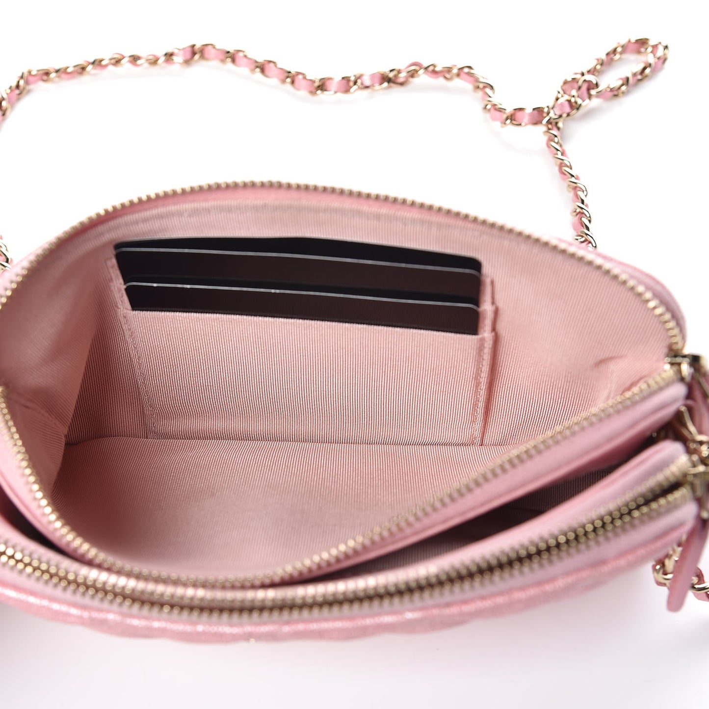 Iridescent Caviar Quilted Small Clutch With Chain Pink