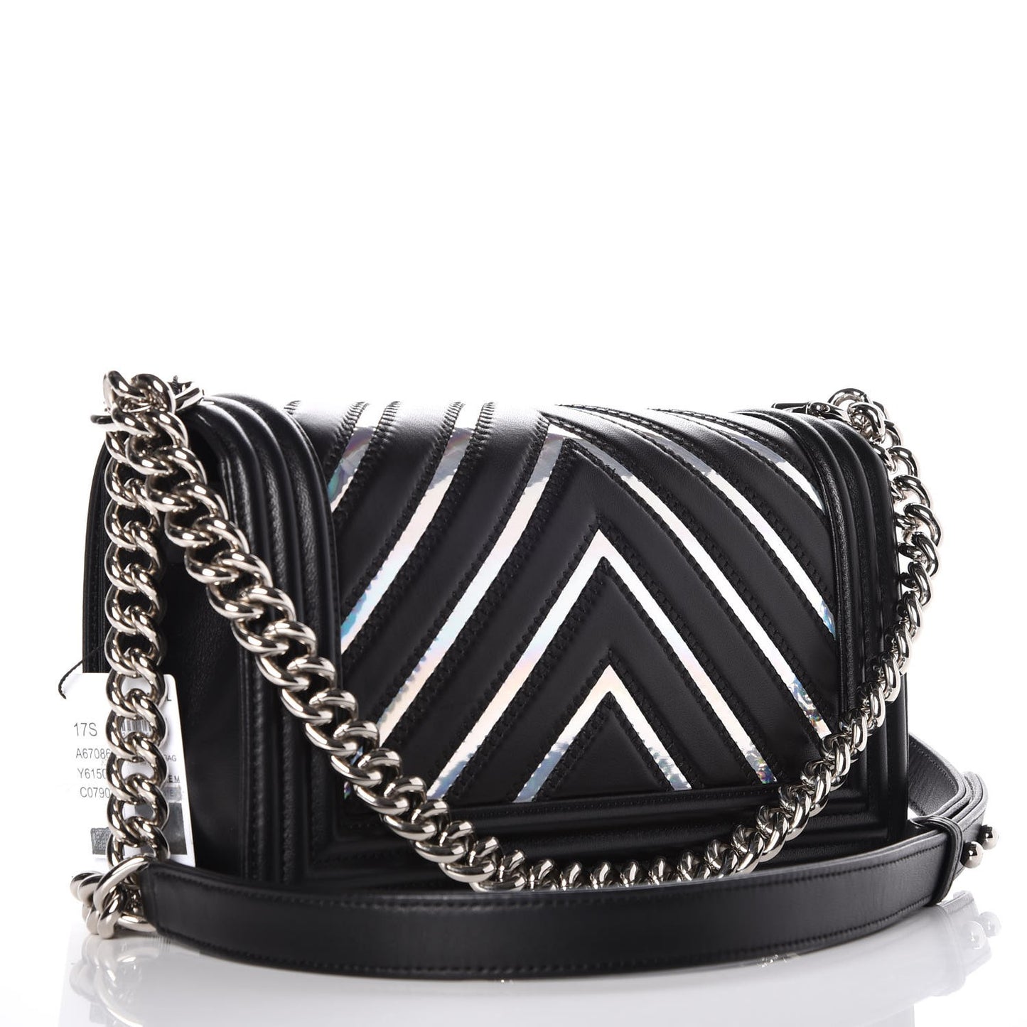 Lambskin Iridescent PVC Chevron Quilted Medium Boy Flap Black Silver