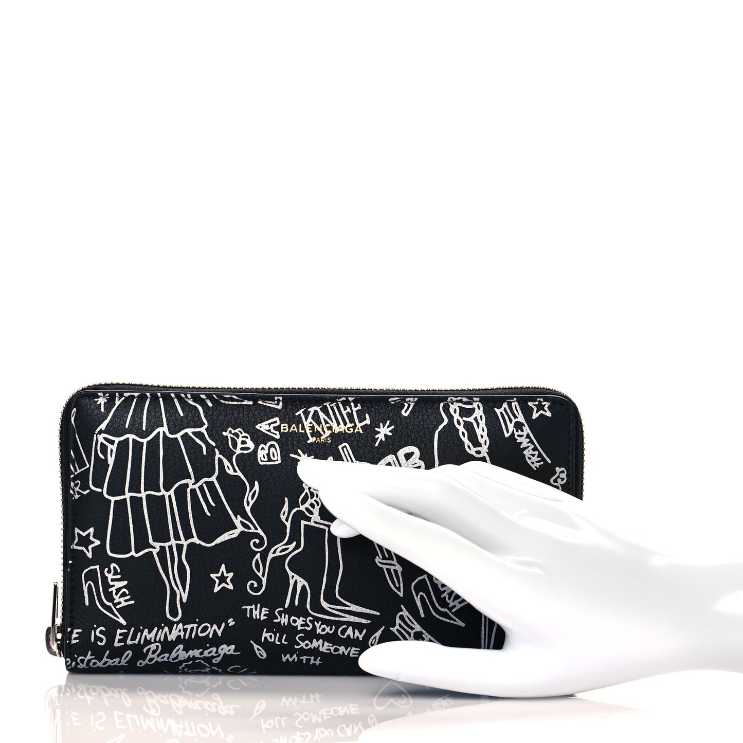 Calfskin Classic Silver Hardware Printed Tattoo Everyday Continental Zip Around Wallet Black