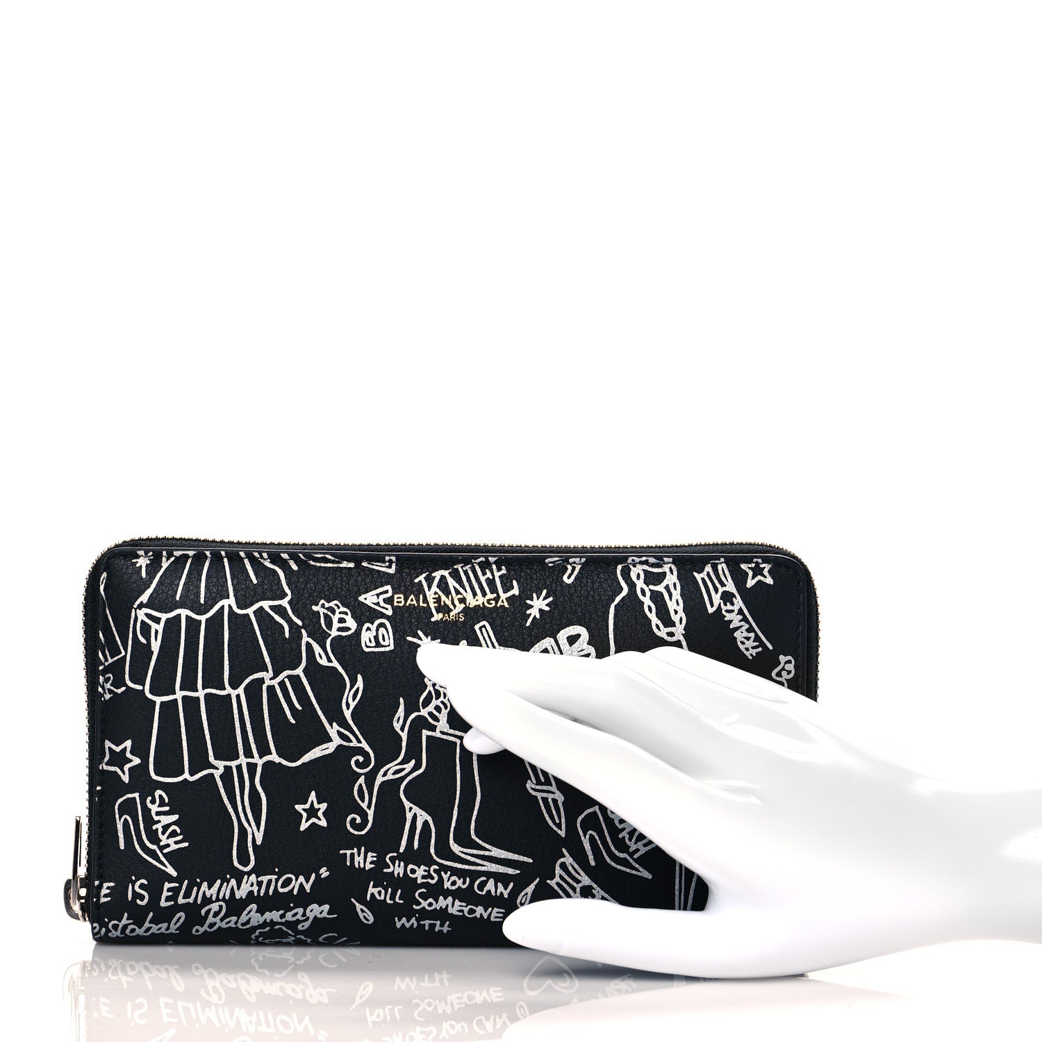 Balenciaga Calfskin Classic Silver Hardware Printed Tattoo Everyday Continental Zip Around Wallet Black 2 of 11