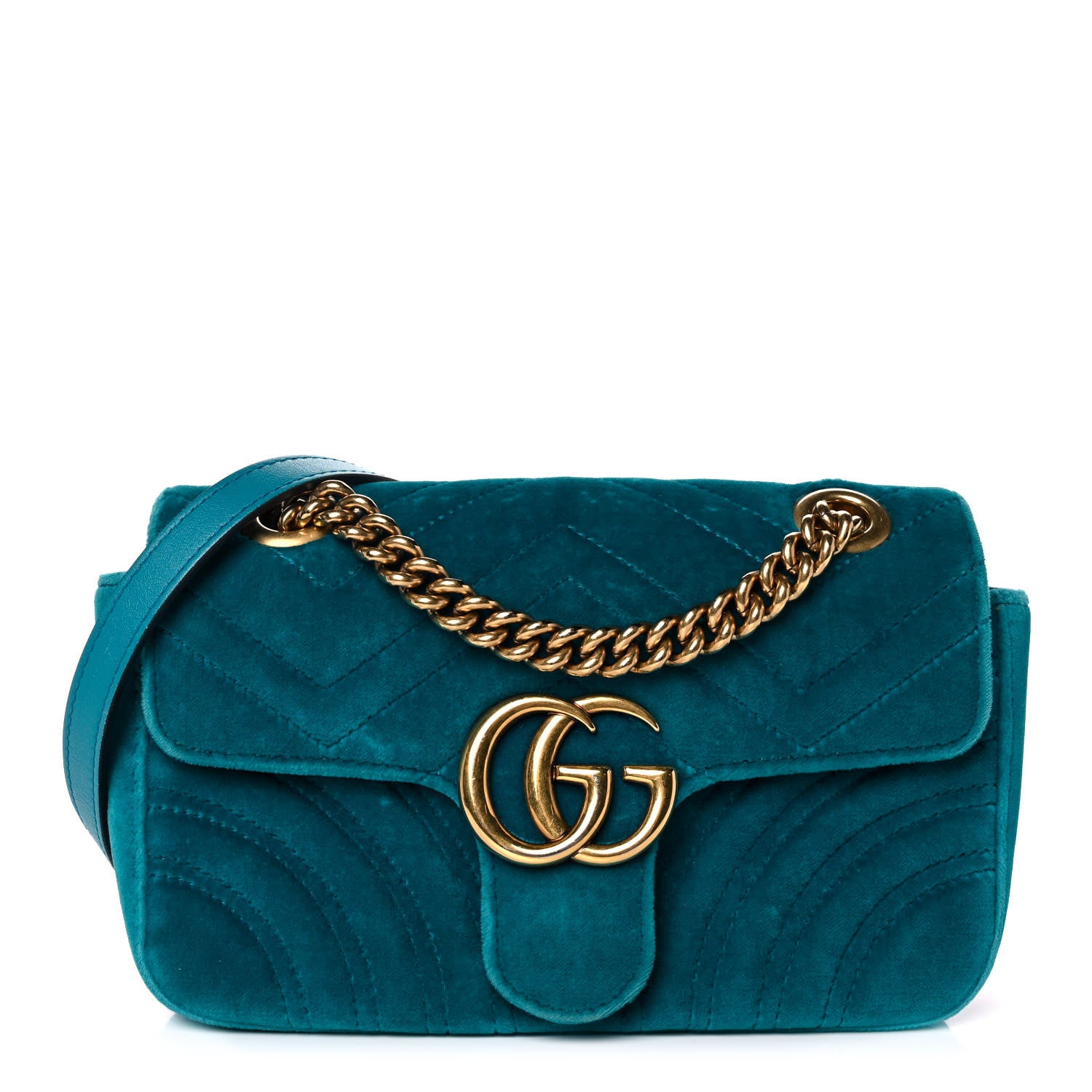 Gucci Velvet Matelasse Mini GG Marmont Shoulder Bag Pavone Cyan 1 of 13