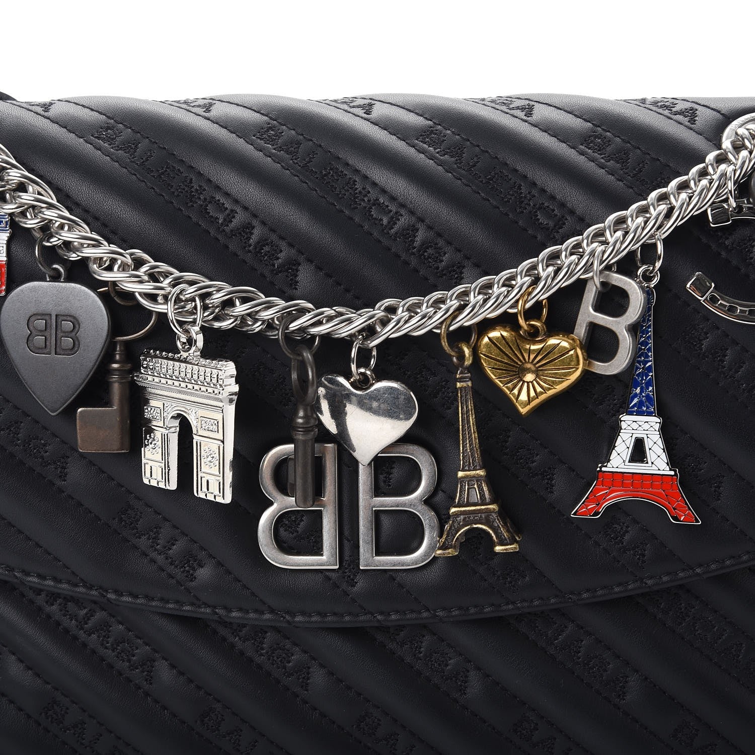Balenciaga Calfskin Charms Logo Matelasse M BB Round Shoulder Bag Black 9 of 10