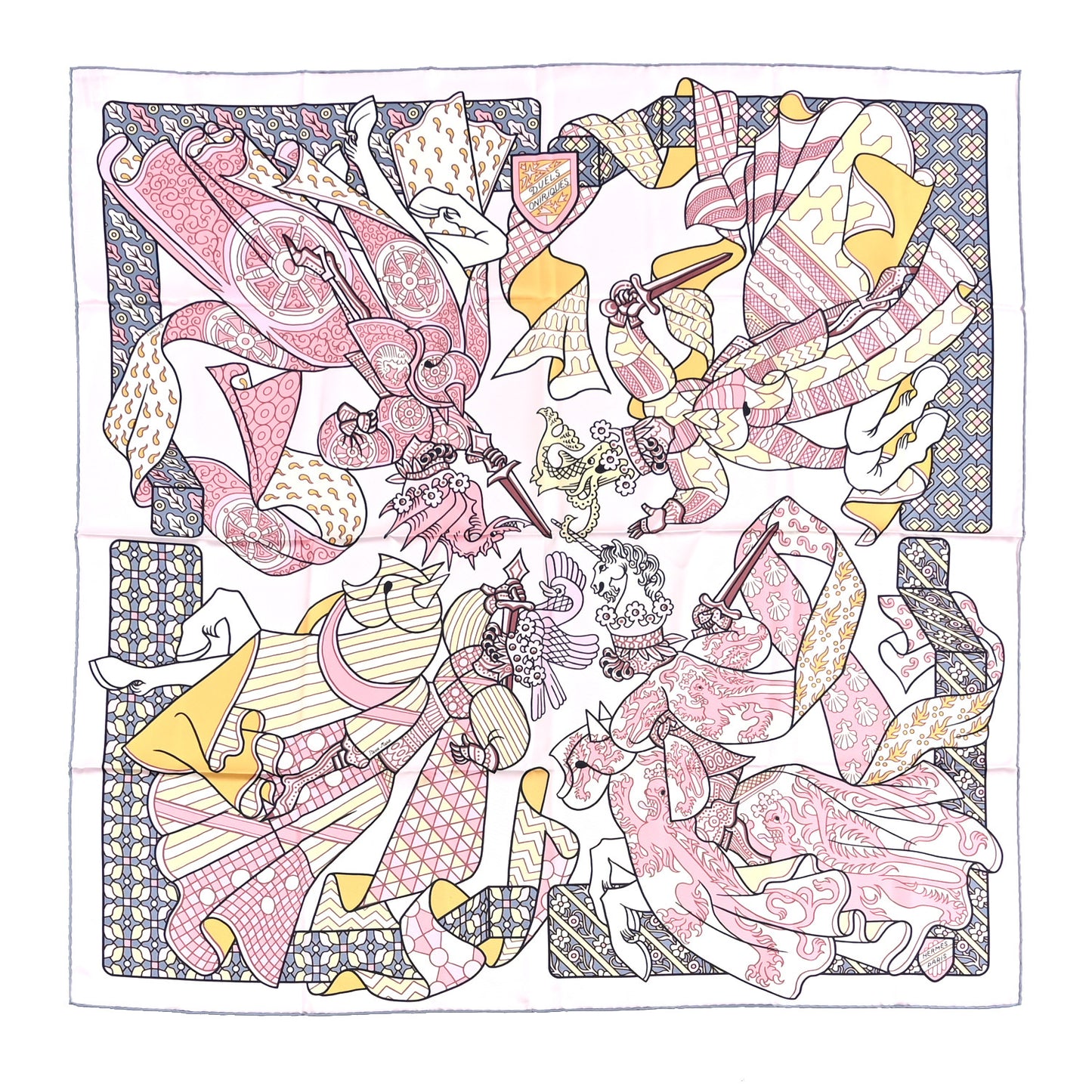 Silk Carre Duels Oniriques Scarf 90 Rose Pale Gris Jaune