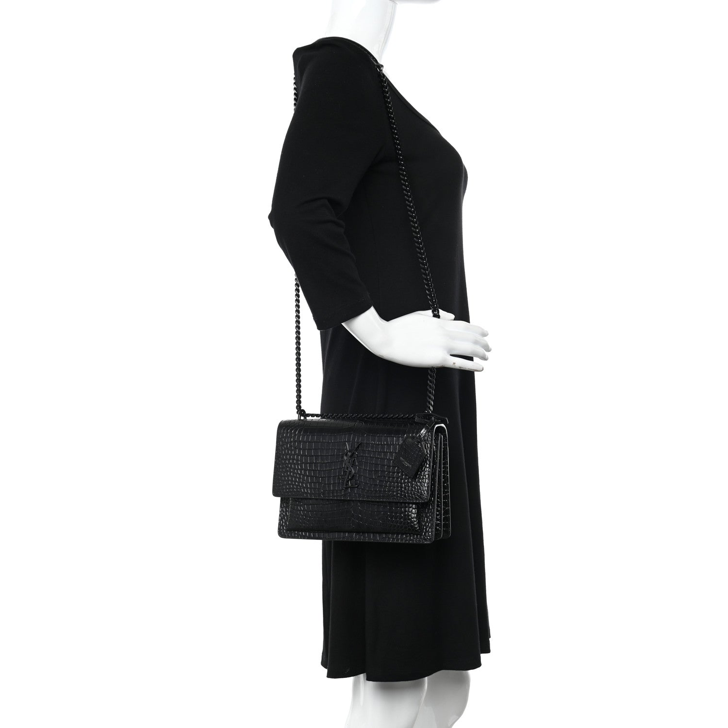 Saint Laurent Calfskin Crocodile Embossed Medium Monochrome Monogram Sunset Black 2 of 15