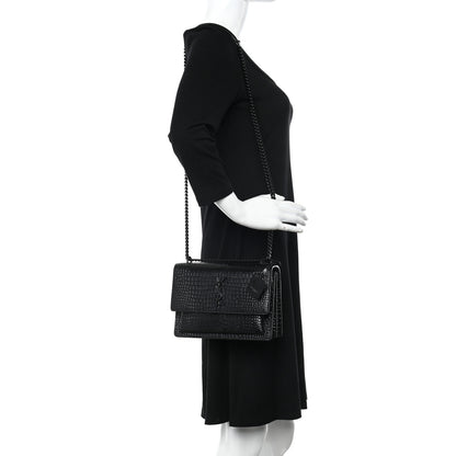 Saint Laurent Calfskin Crocodile Embossed Medium Monochrome Monogram Sunset Black 2 of 15