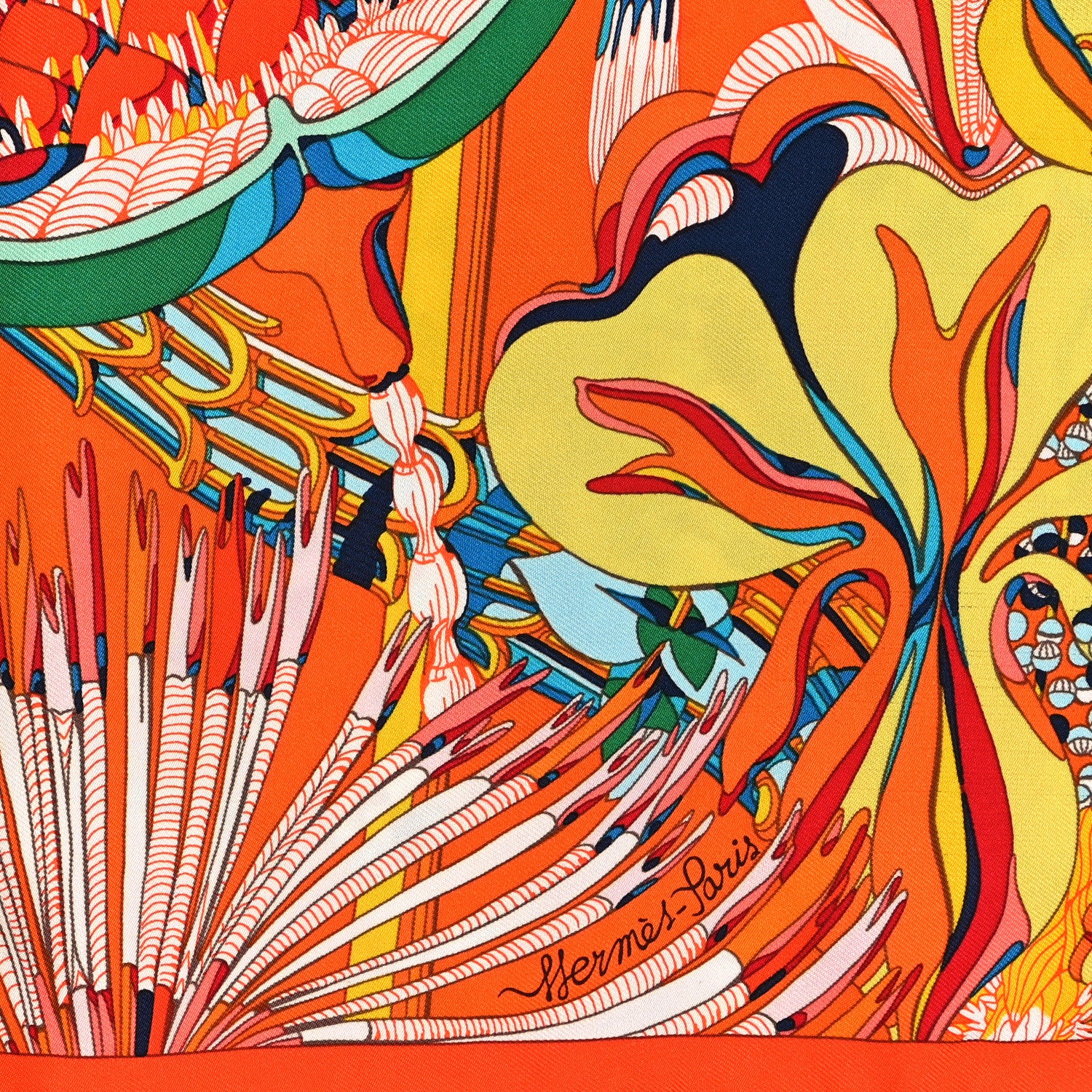 Hermes Silk Fantaisie Botanique Scarf 45 Orange Turquoise 4 of 4