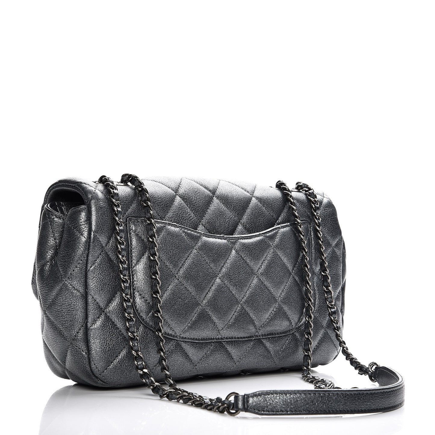 Metallic Calfskin Quilted Medium CC Eyelet Flap Dark Silver