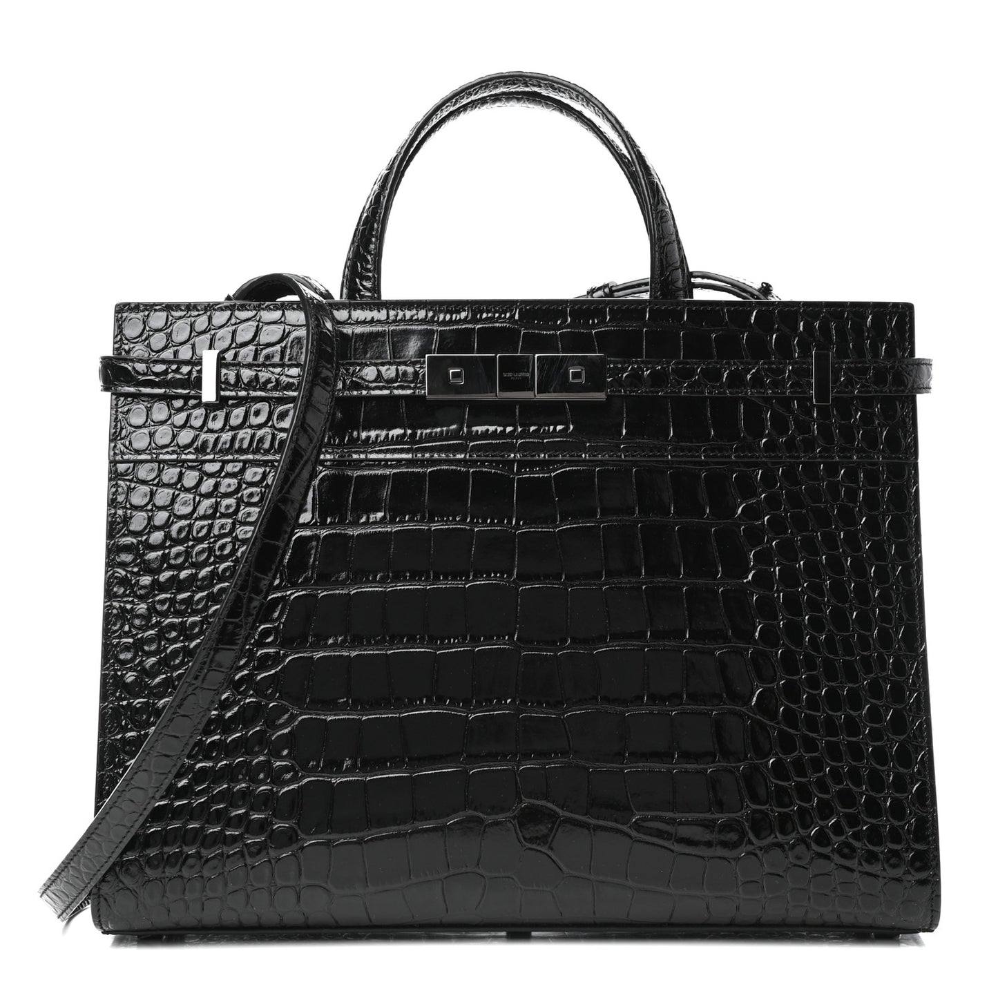 Shiny Calfskin Crocodile Embossed Small Manhattan Shopper Tote Black