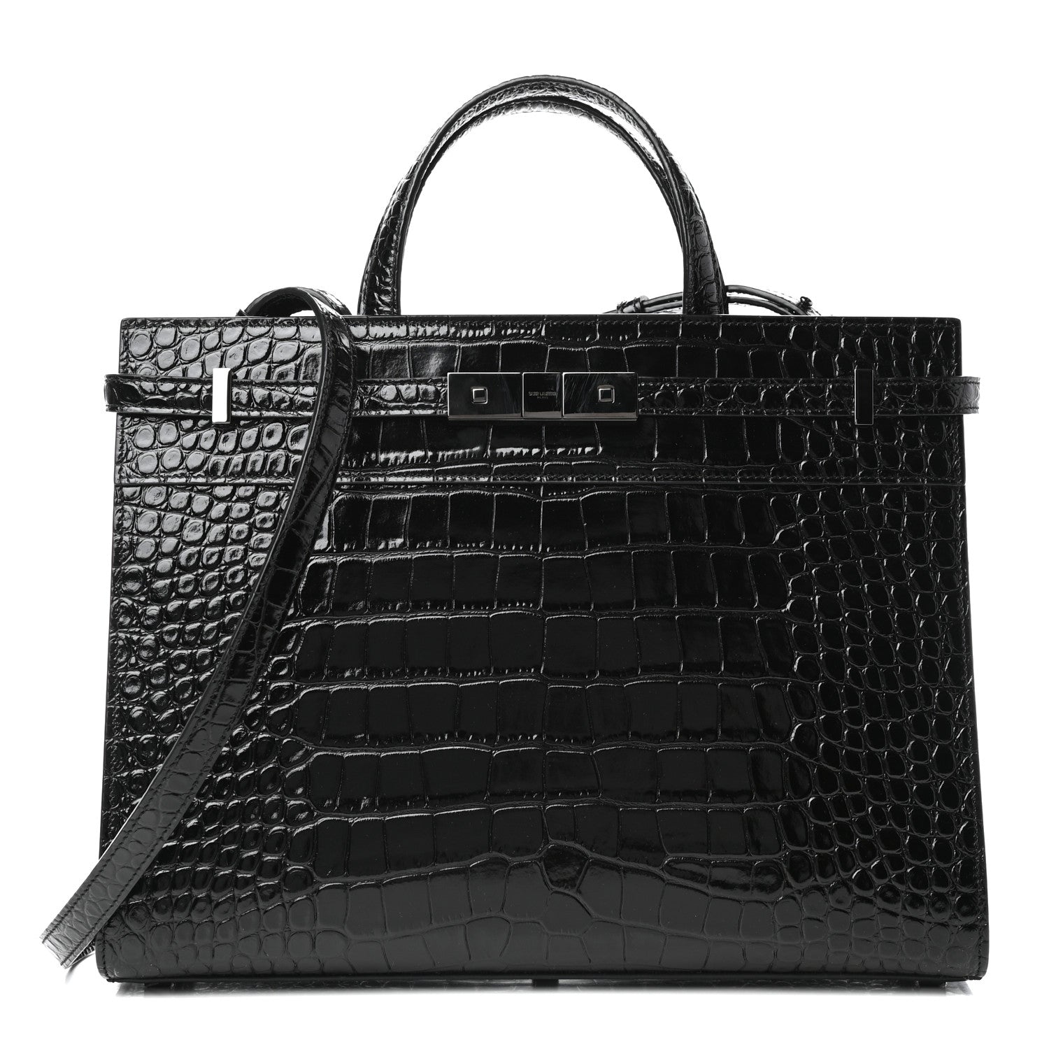 Saint Laurent Shiny Calfskin Crocodile Embossed Small Manhattan Shopper Tote Black 1 of 9