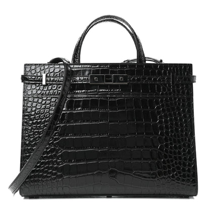 Saint Laurent Shiny Calfskin Crocodile Embossed Small Manhattan Shopper Tote Black 1 of 9