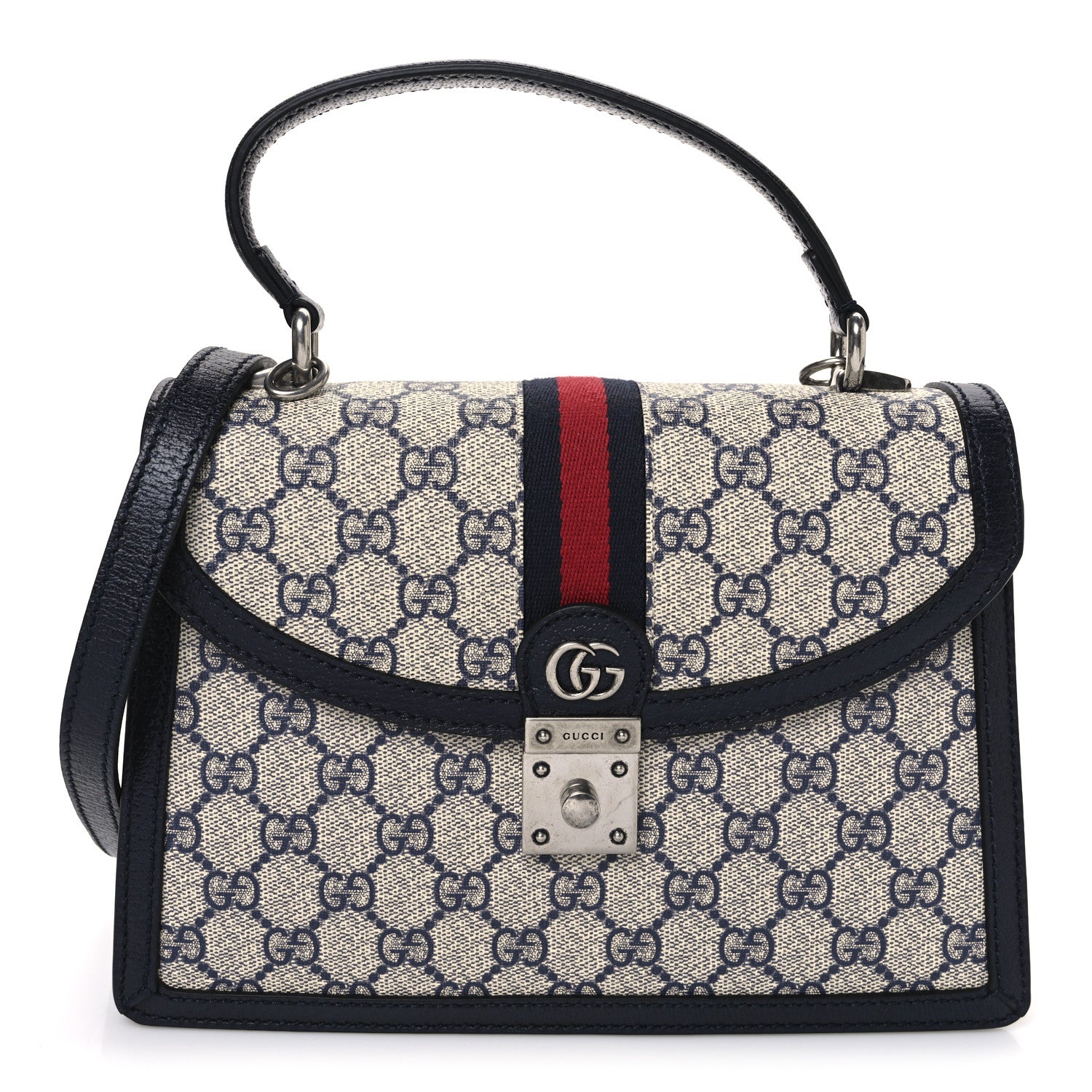 Gucci GG Supreme Monogram Textured Dollar Calfskin Web Small Ophidia Padlock Top Handle Bag Beige Blue 1 of 10