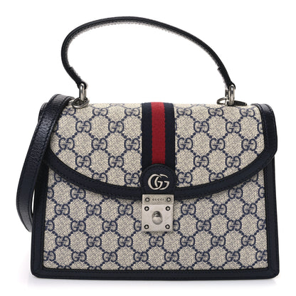 Gucci GG Supreme Monogram Textured Dollar Calfskin Web Small Ophidia Padlock Top Handle Bag Beige Blue 1 of 10