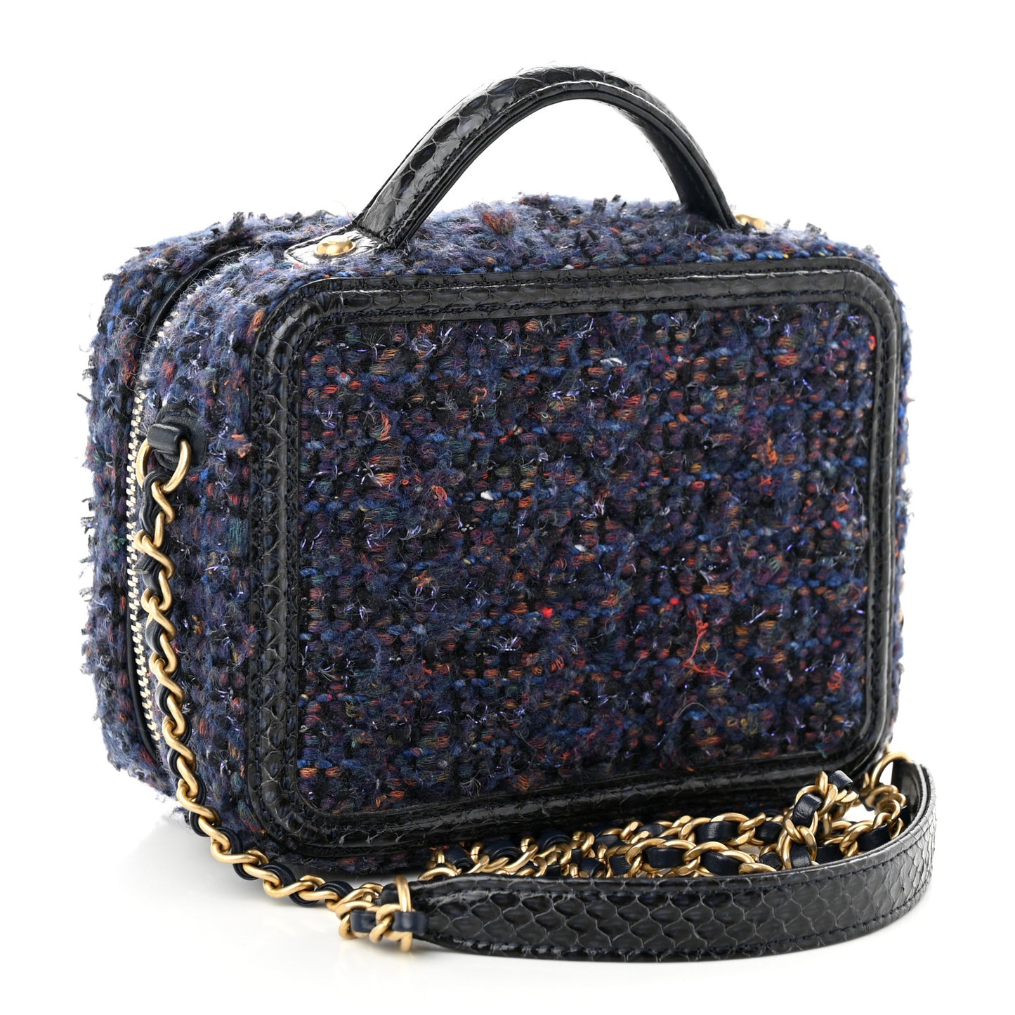 Tweed Snakeskin Quilted Small CC Filigree Vanity Case Navy Multicolor
