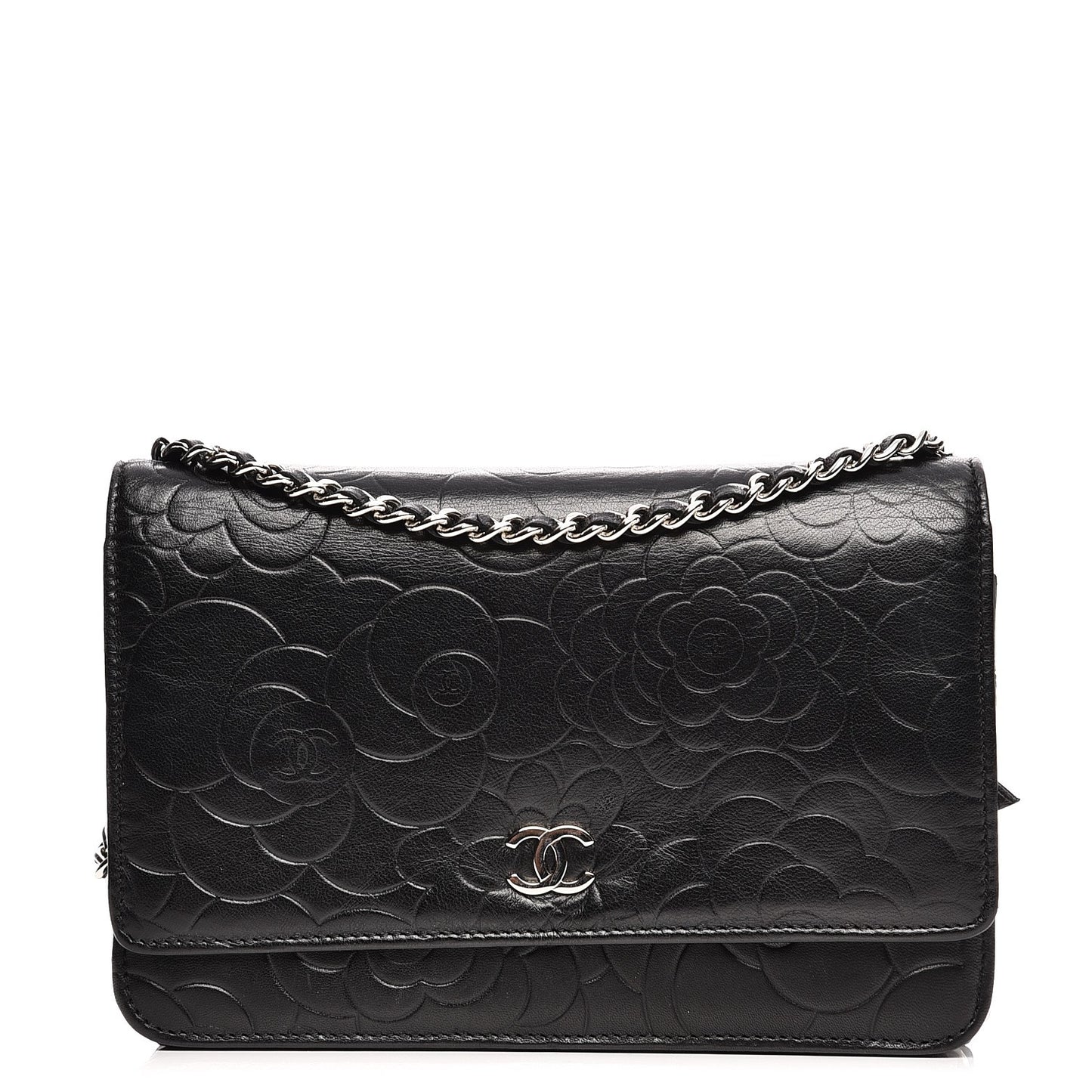 Lambskin Camellia Wallet on Chain WOC Black