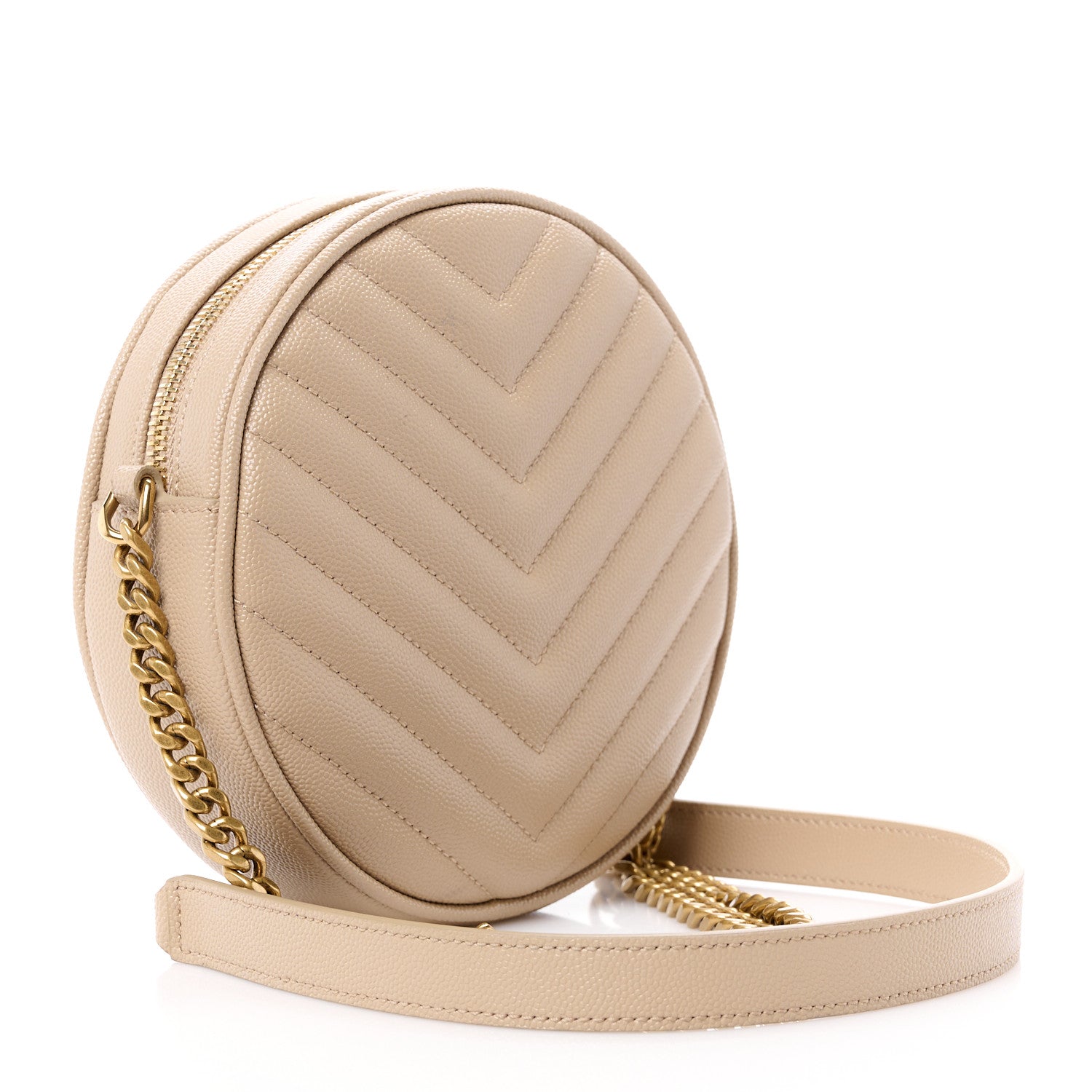 Saint Laurent SAINT LAURENT Grain De Poudre Matelasse Chevron Quilted Round Vinyle Camera Bag Dark Beige 3 of 11
