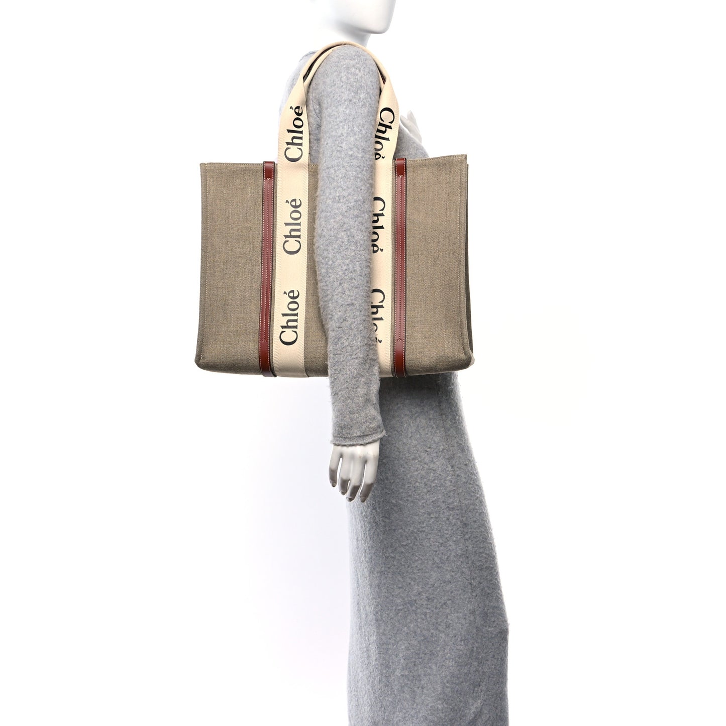 Linen Calfskin Large Woody Ribbon Tote White Brown
