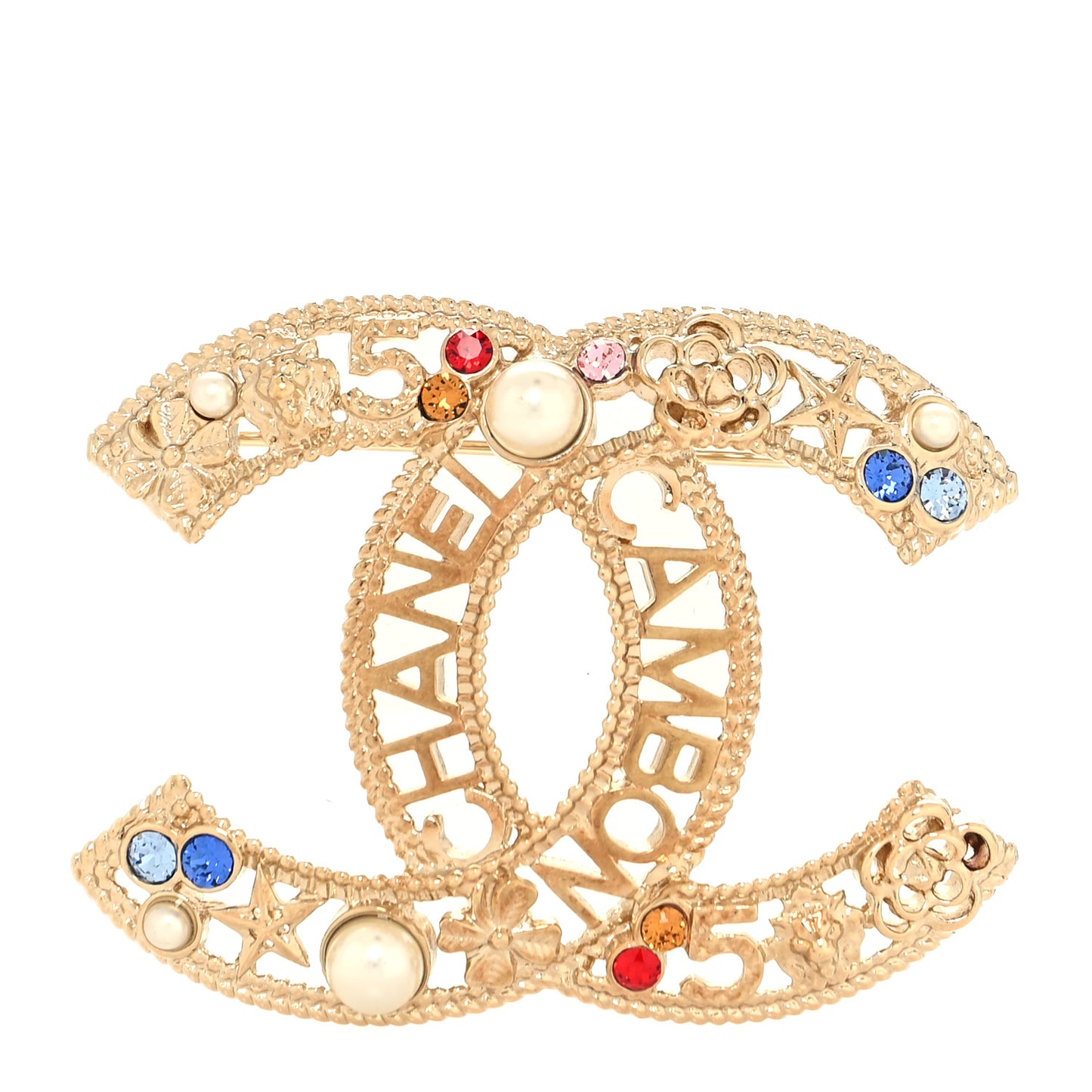 Crystal Pearl Chanel Charms CC Logo Brooch Gold Multicolor