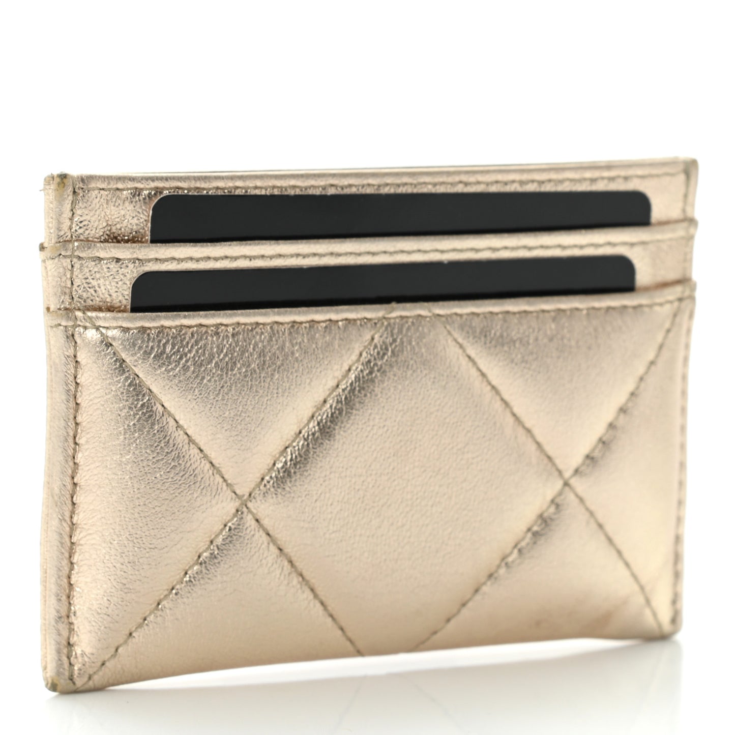Metallic Lambskin Quilted Chanel 19 Card Holder Gold