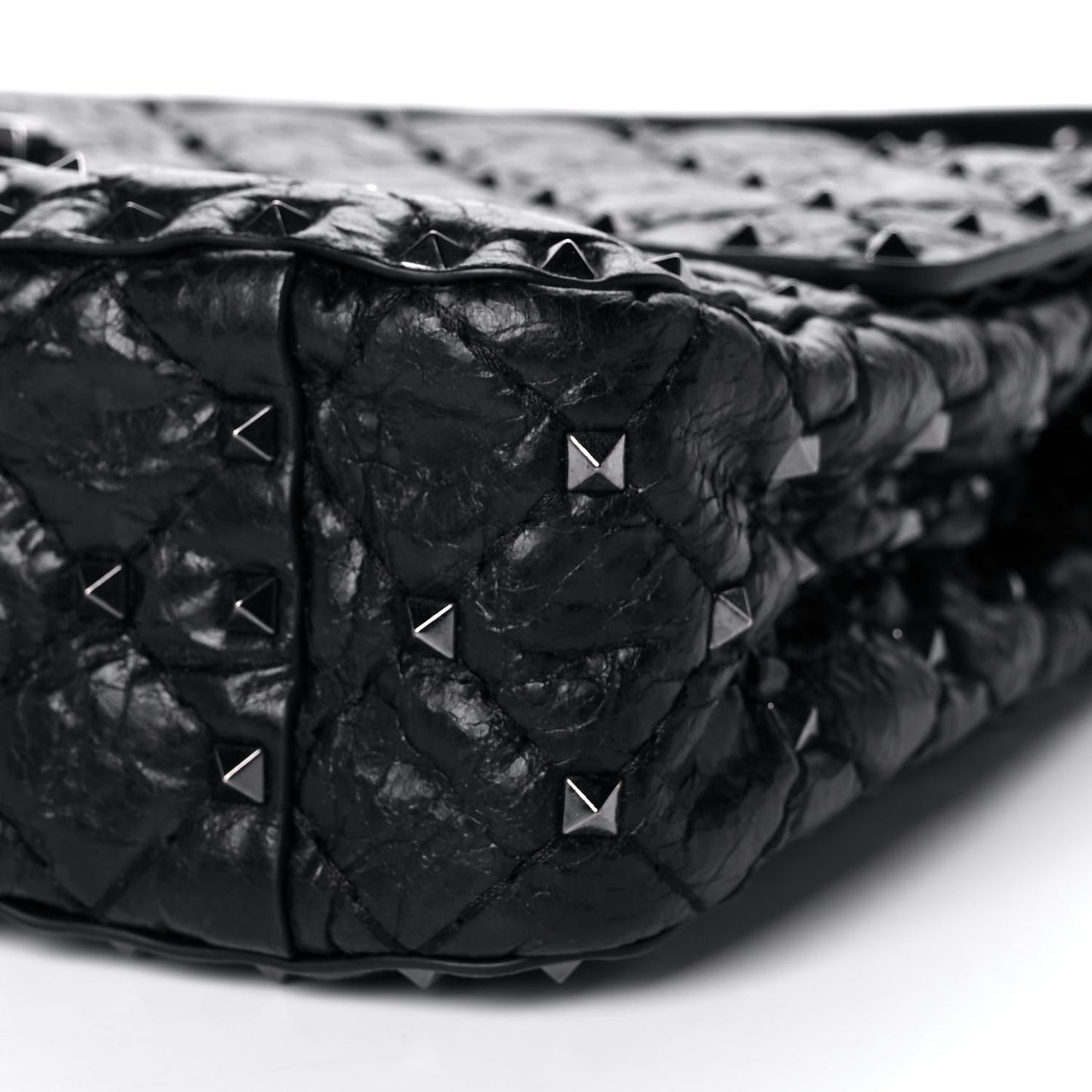 Craquele Nappa Medium Rockstud Spike Shoulder Bag Black