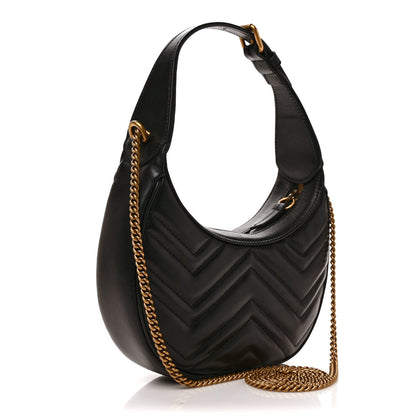 Gucci Calfskin Matelasse Chevron Mini GG Marmont Half Moon Hobo Black 3 of 9