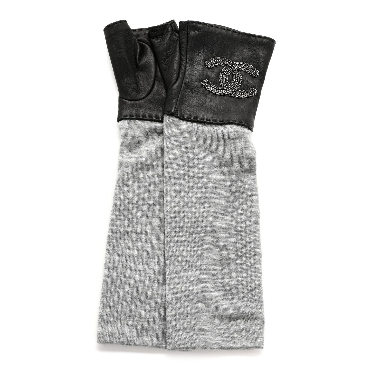 Lambskin Cashmere Silk CC Fingerless Gloves 7 Black Grey