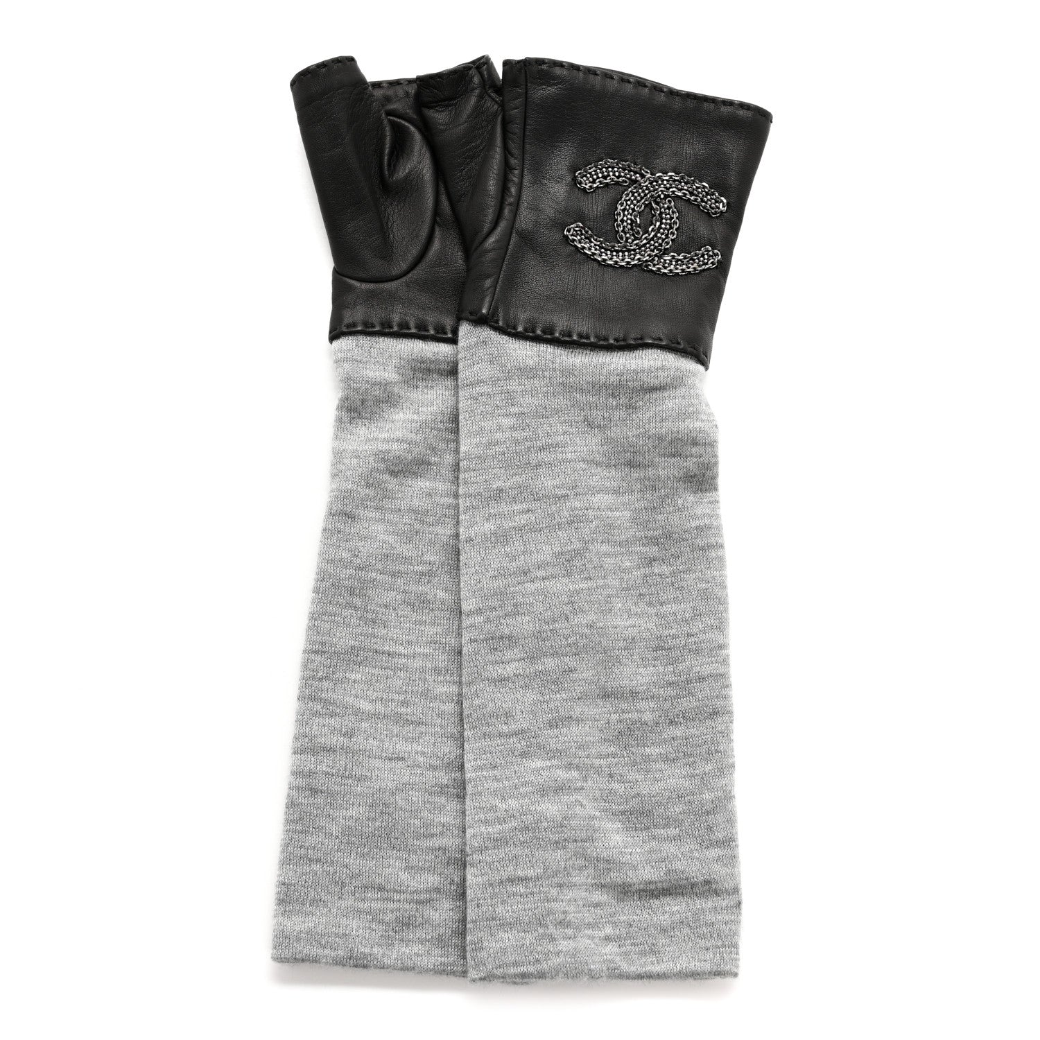 Chanel Lambskin Cashmere Silk CC Fingerless Gloves 7 Black Grey 3 of 8