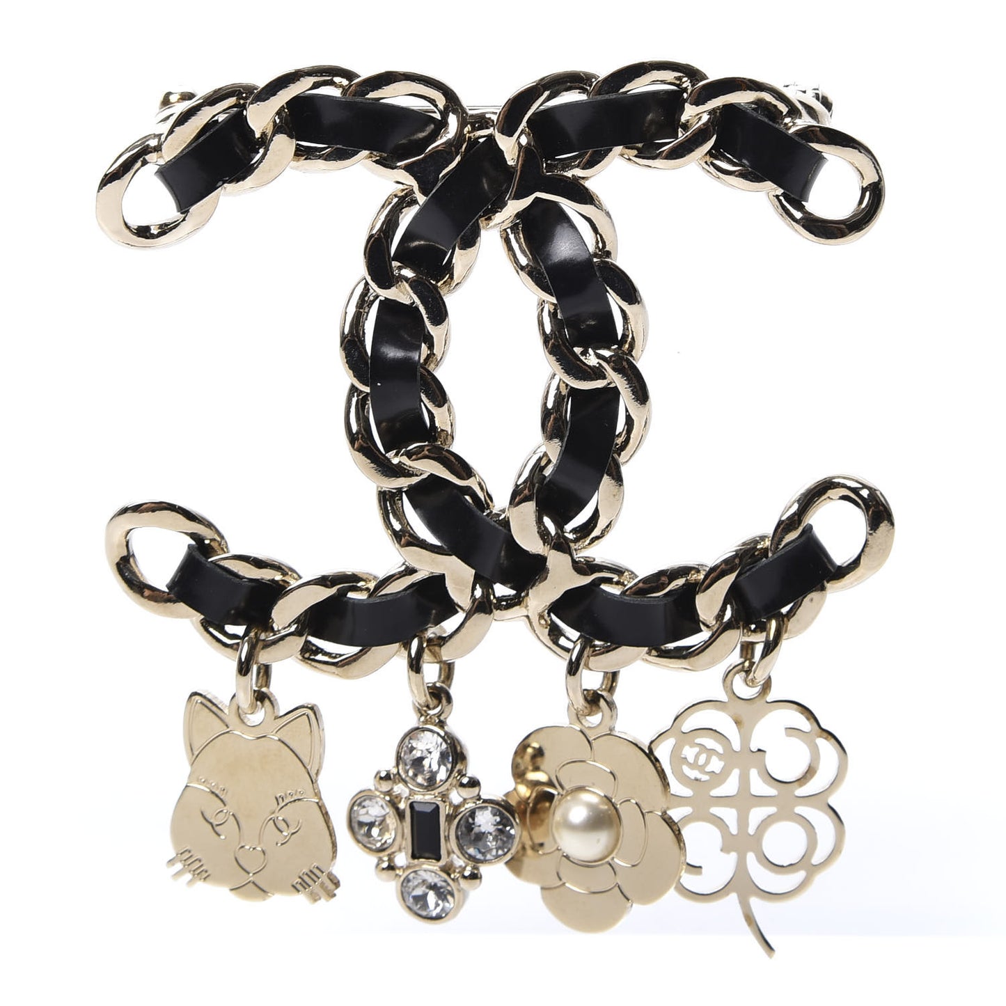 Lambskin Crystal Chain CC Charms Brooch Black Gold