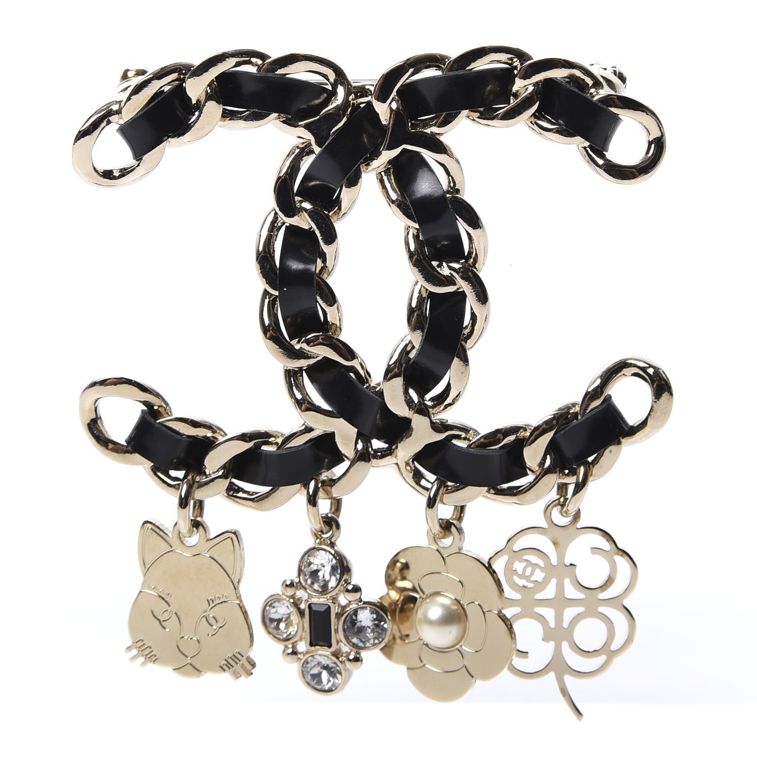 Chanel Lambskin Crystal Chain CC Charms Brooch Black Gold 1 of 3