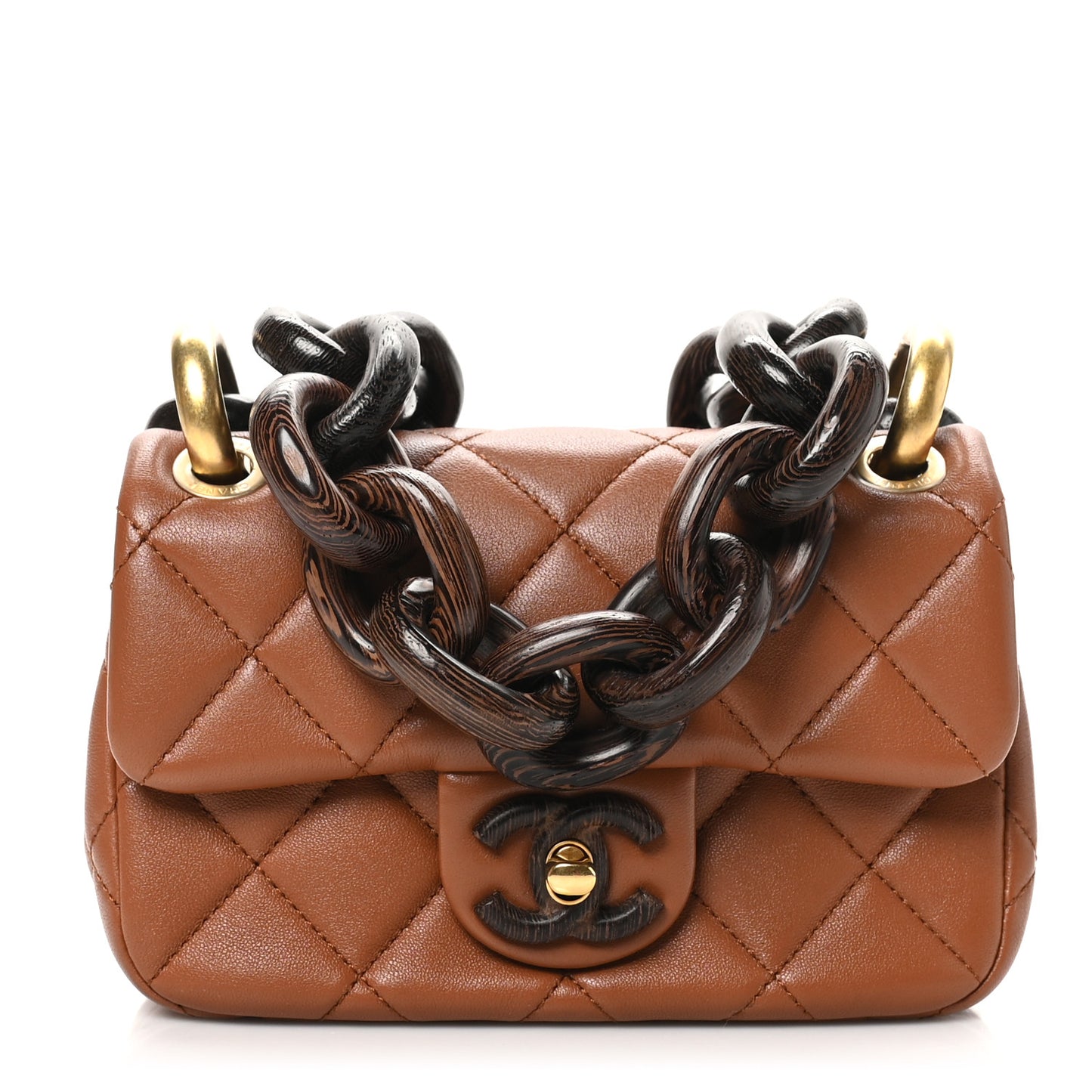 Lambskin Wenge Quilted Mini Fashion Wood Square Flap Light Brown