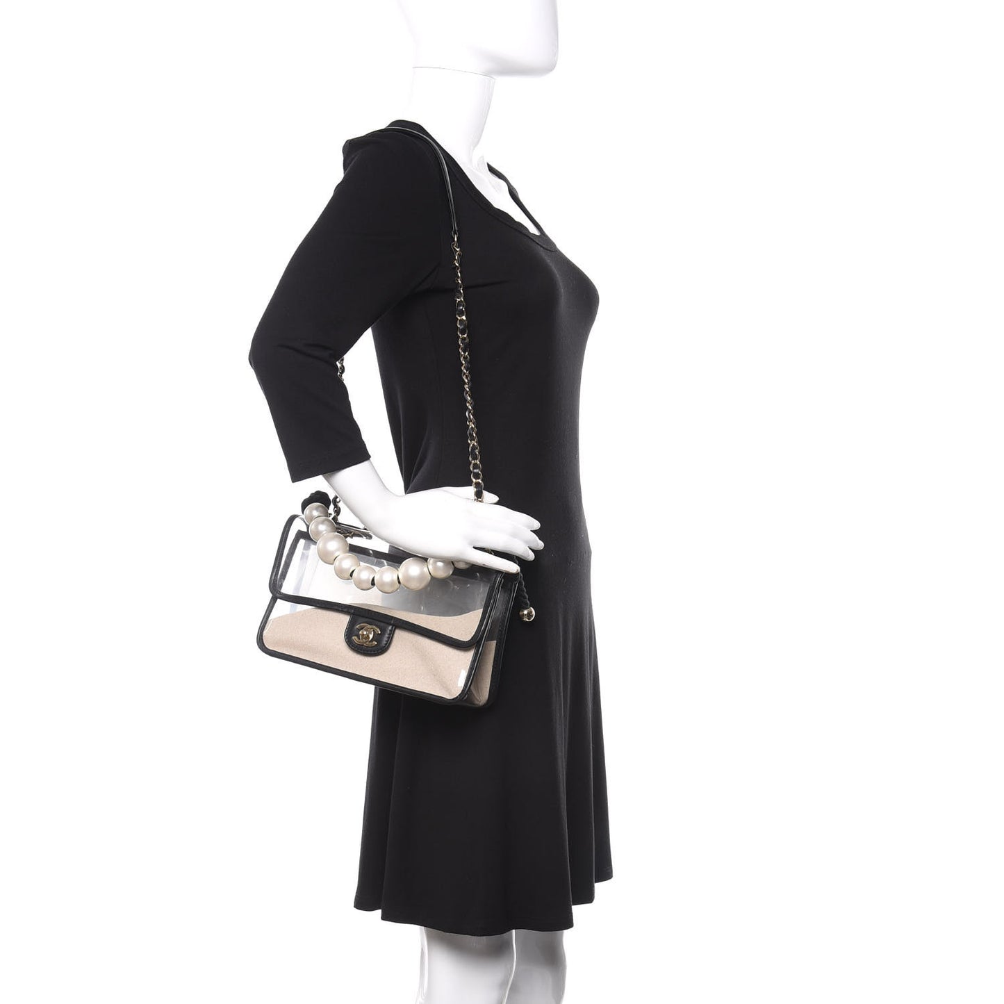 Lambskin PVC Sand By The Sea Flap With Pearl Strap Black