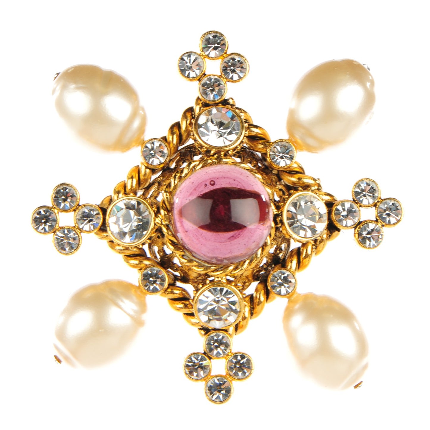 Gripoix Pearl Crystal Brooch Gold