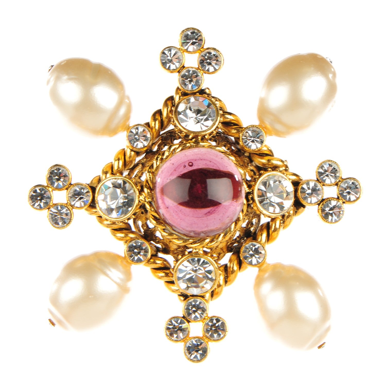 Chanel Gripoix Pearl Crystal Brooch Gold 1 of 6