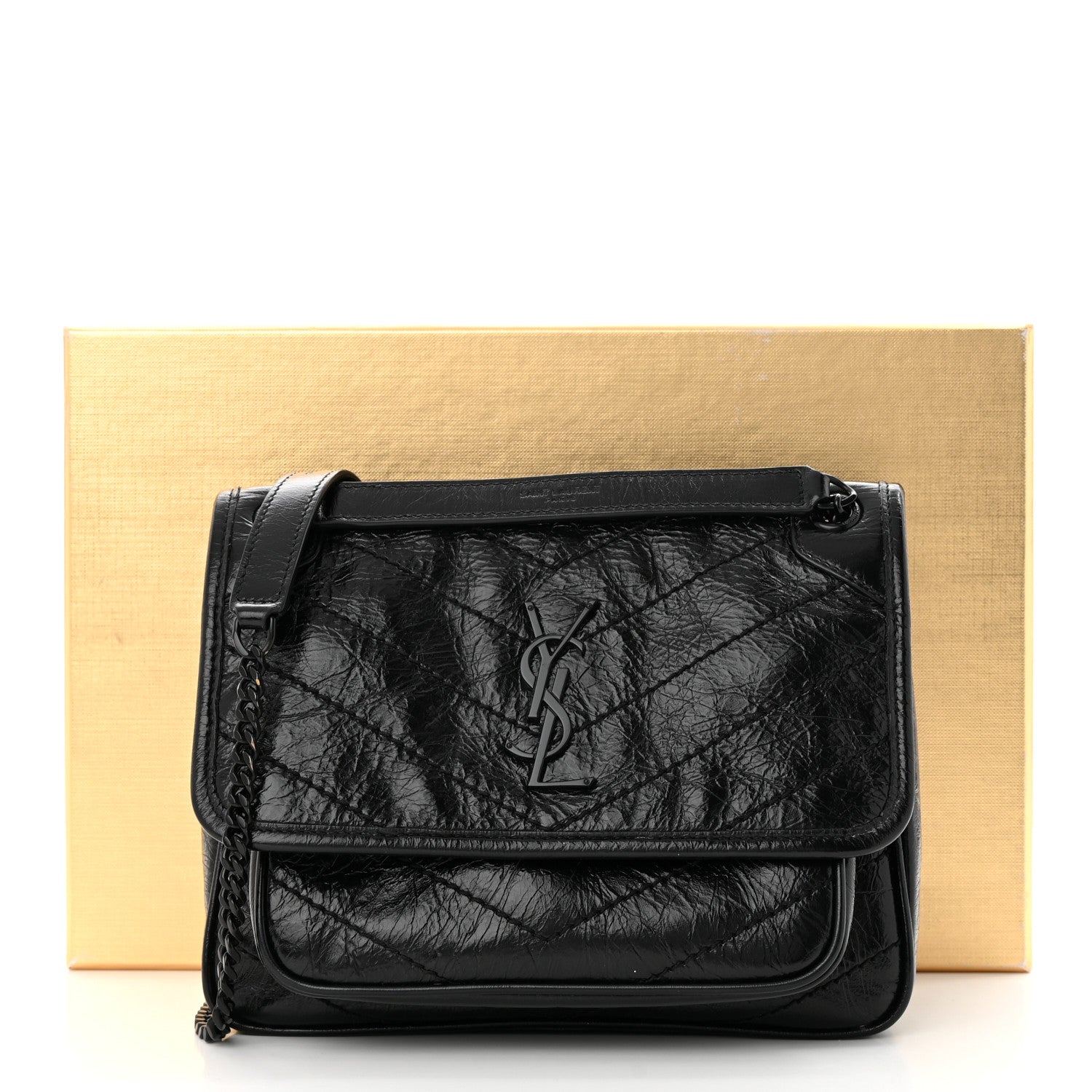 Saint Laurent Crinkled Calfskin Matelasse Monogram Baby Niki Chain Satchel Black 11 of 11