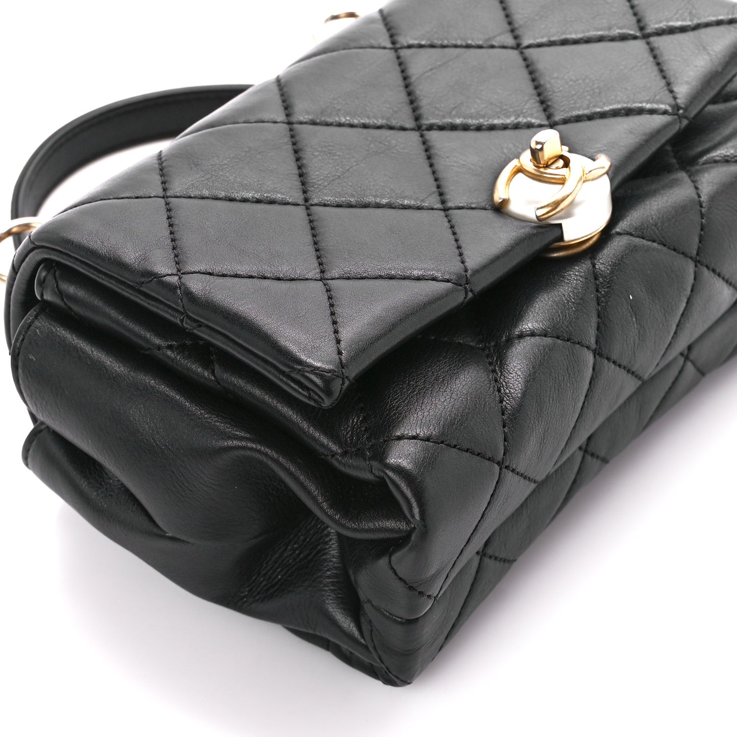 Calfskin Quilted Accordion Pearl CC Flap Bag Black Black