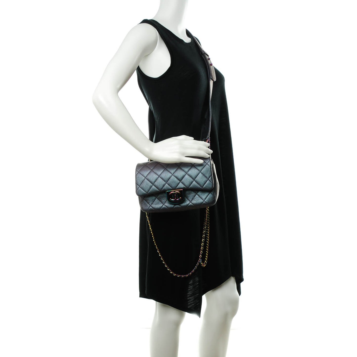 Iridescent Goatskin Quilted Small Double Carry Waist Chain Flap Purple