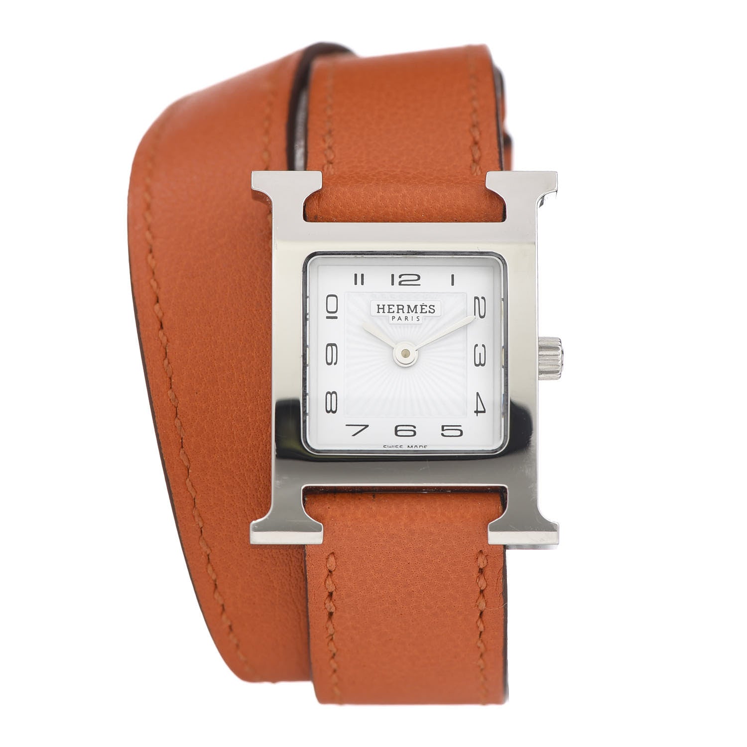 Hermes Stainless Steel Swift 21mm Heure H Hour Double Tour Quartz Watch Orange 1 of 8
