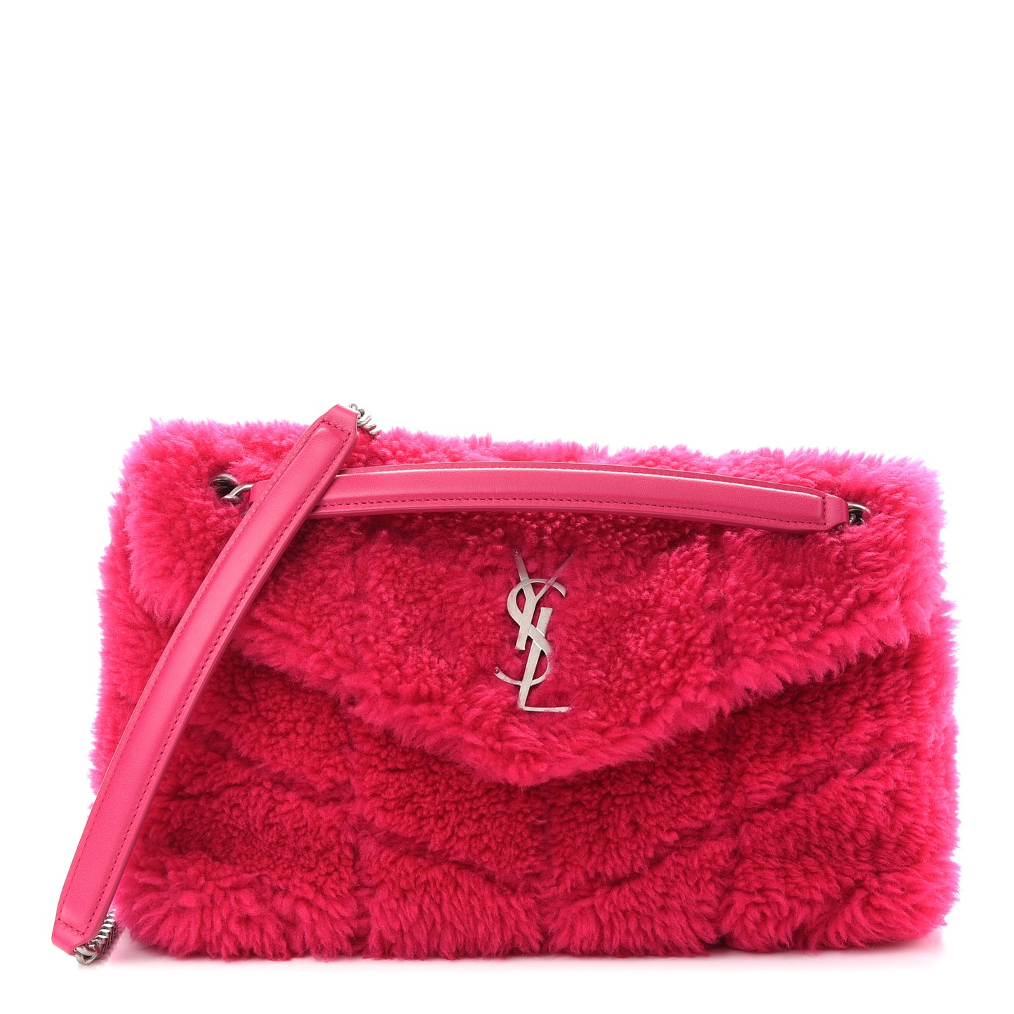 Merino Shearling Lambskin Quilted Small Loulou Puffer Monogram Chain Satchel Fuchsia