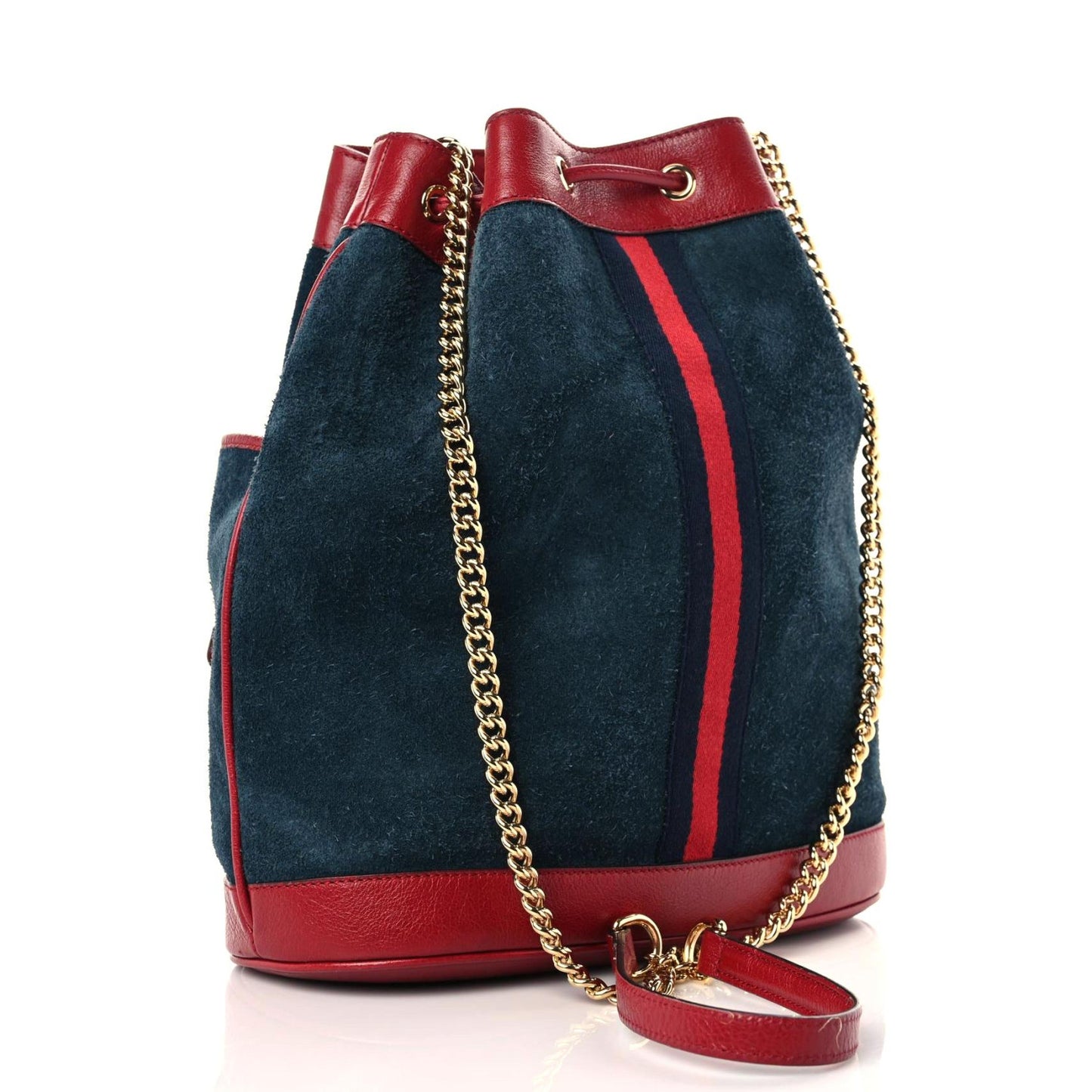 Suede Calfskin Web Medium Rajah Bucket Bag New Blue Romantic Cherry