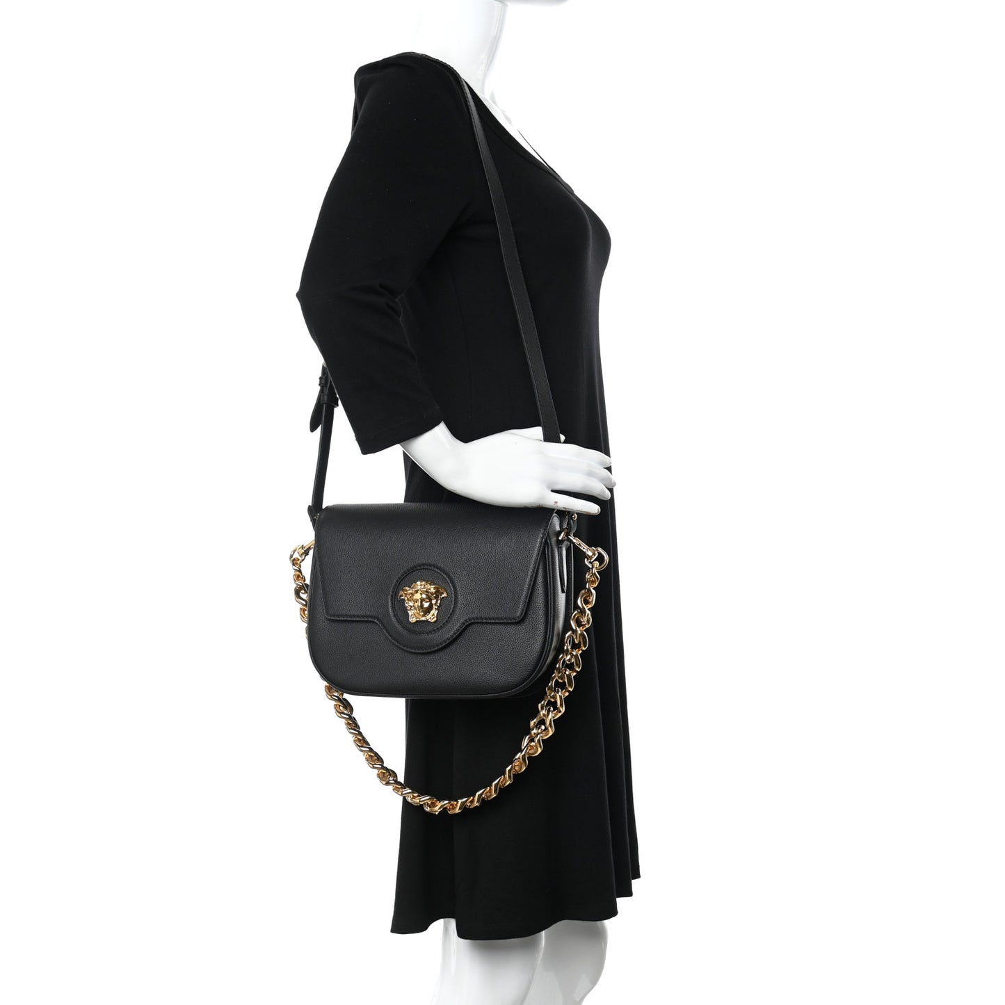 Grained Calfskin La Medusa Chain Clutch Bag Black