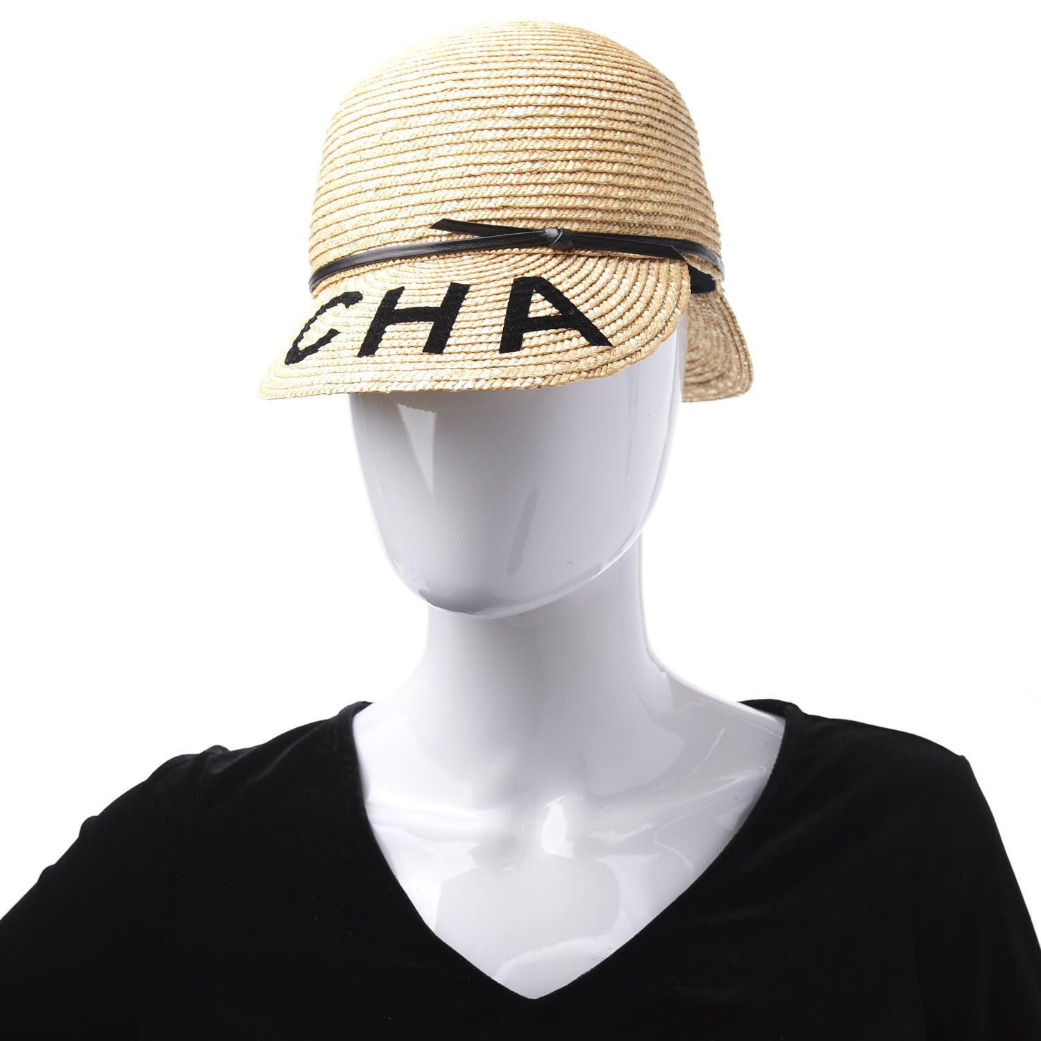 Chanel Straw Lambskin Logo Cap S Beige Black 2 of 7